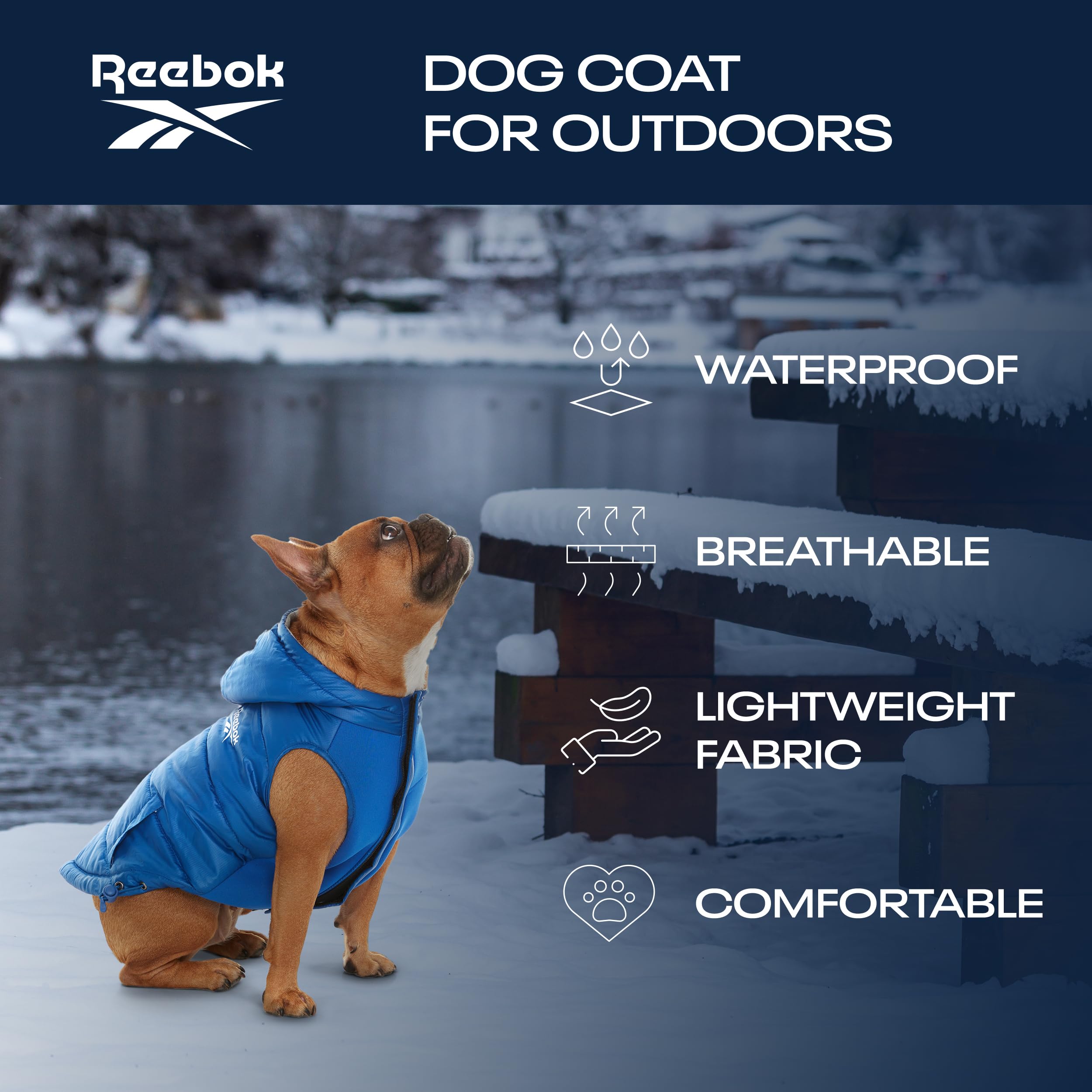 Reebok Waterproof Dog Puffer Jacket with Hood - Windproof Winter Coat for Small Medium Large Dogs | Cold Weather Protection for Outdoor Walks & Snow Adventures
