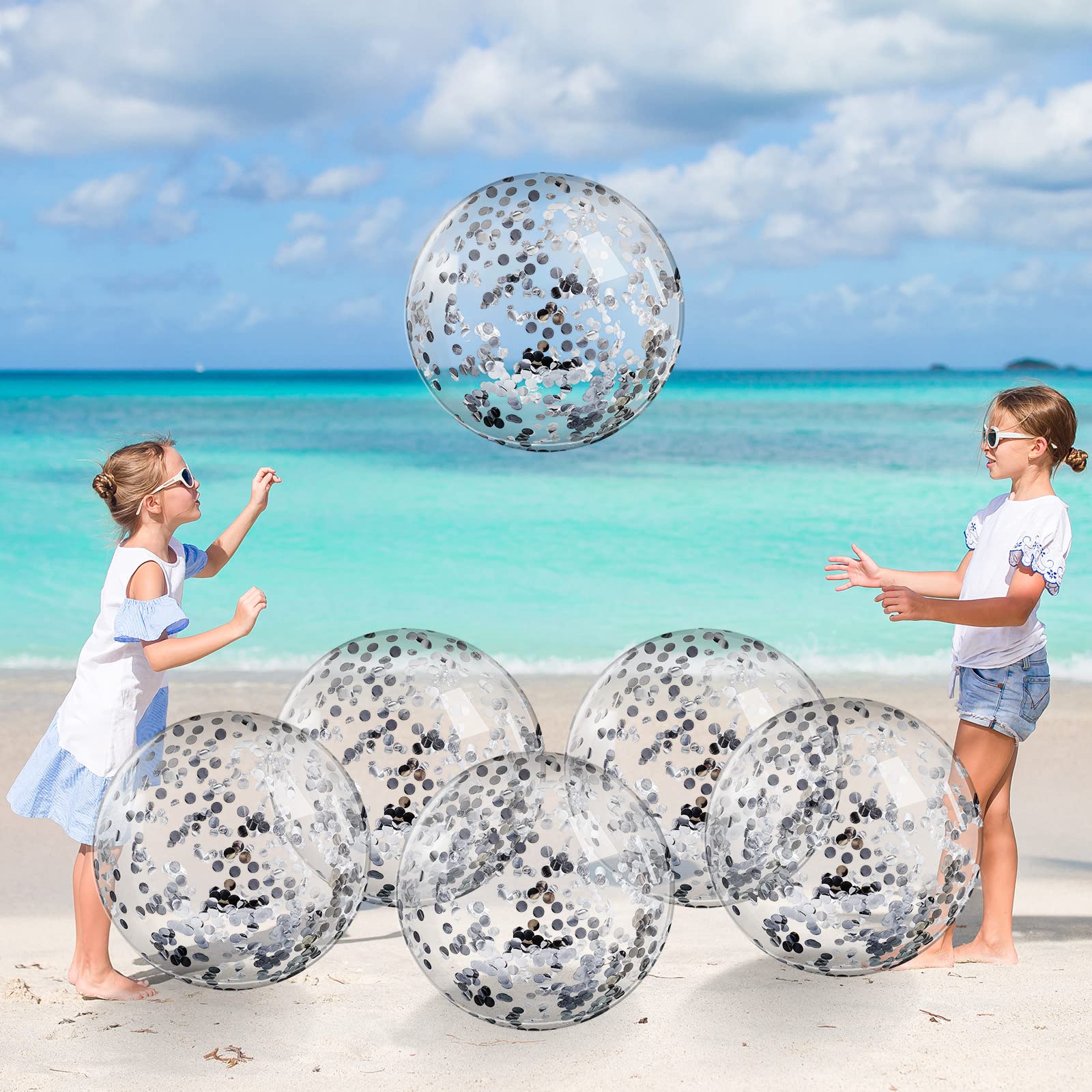 6-Pack 16-Inch Inflatable Glitter Beach Balls with Confetti - Silver Round Pool Party Decorations for Summer, Birthday, Christmas & Outdoor Events | Perfect for Beach Parties, Poolside Fun & Holiday Celebrations
