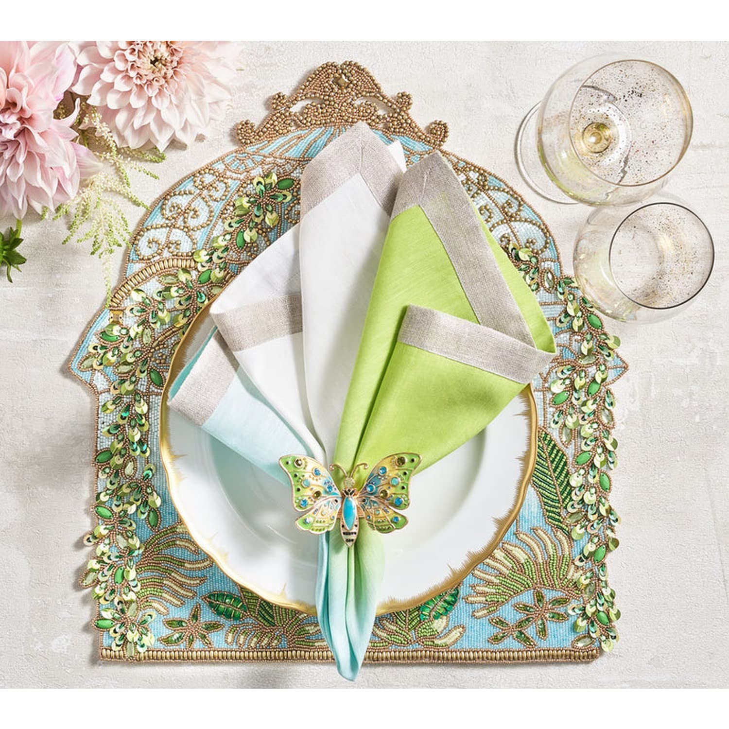 Kim Seybert Arbor Napkin Rings - Set of 4, Blue & Green, Elegant Table Setting for Dinner Parties & Holiday Decor
