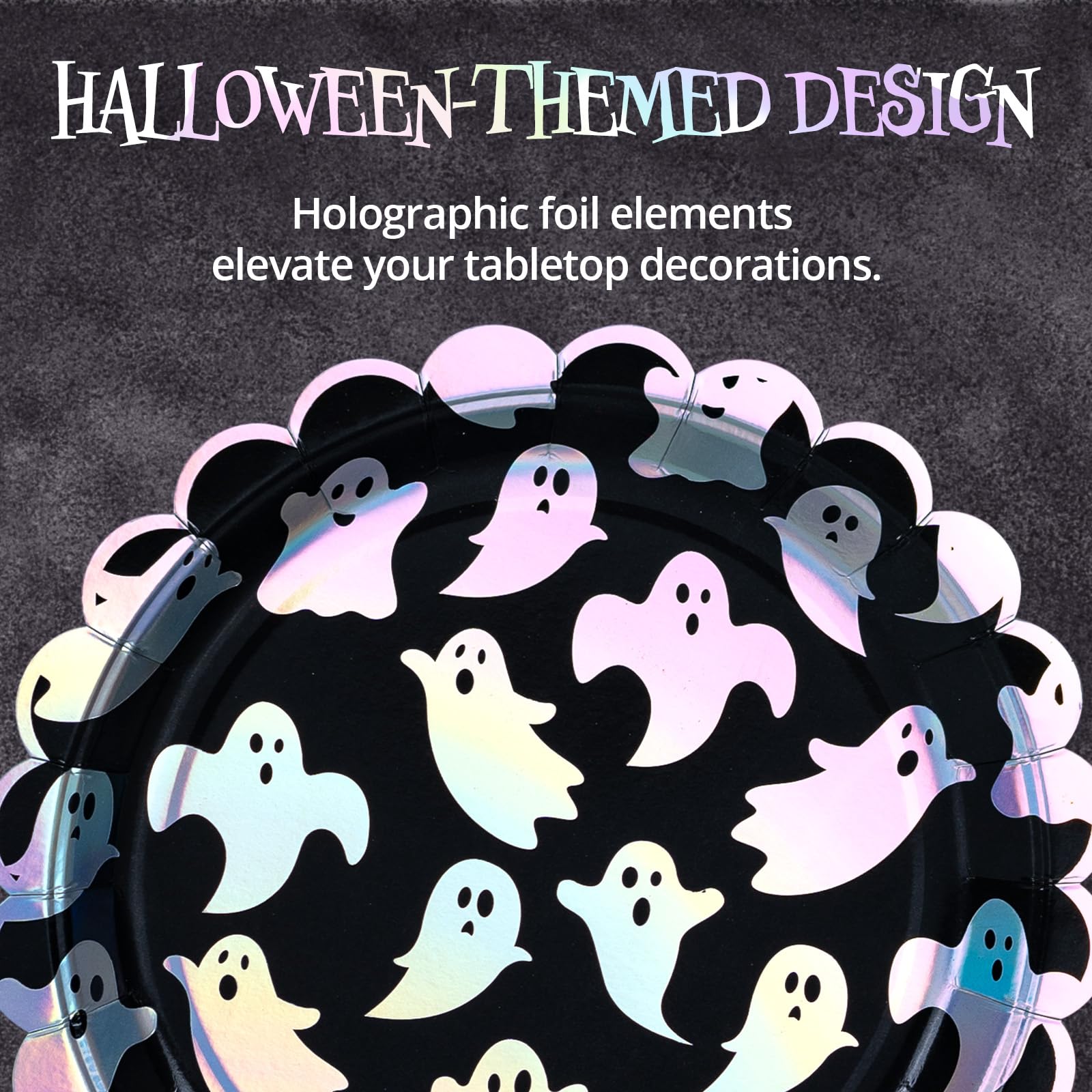 50-Count Halloween Paper Plates - Disposable Scalloped Dinner Plates with Ghost Pattern & Iridescent Silver Foil - Perfect for Halloween Parties, Trick-or-Treat Events & Spooky Dinner Decorations