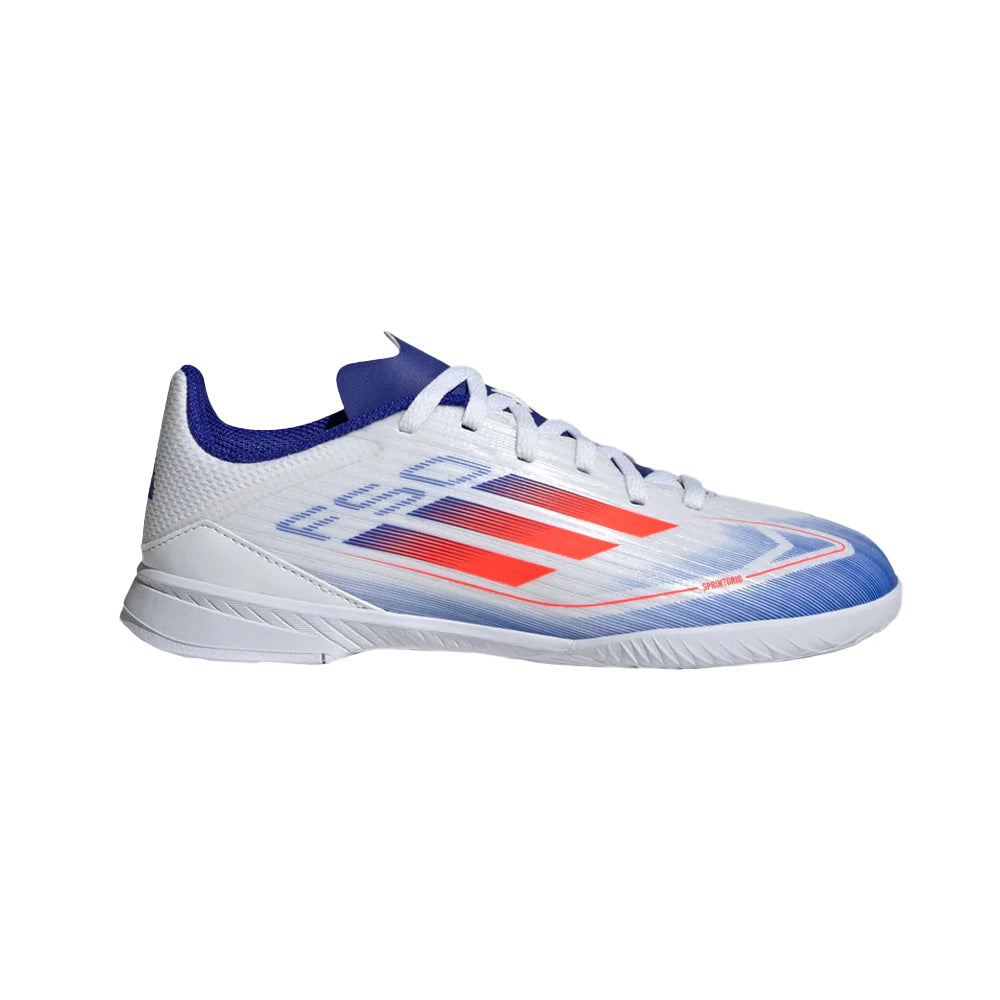 Adidas F50 League Junior Indoor Soccer Shoes for Kids - White/Solar Red/Lucid Blue - Perfect for Indoor Training & Youth Football Games