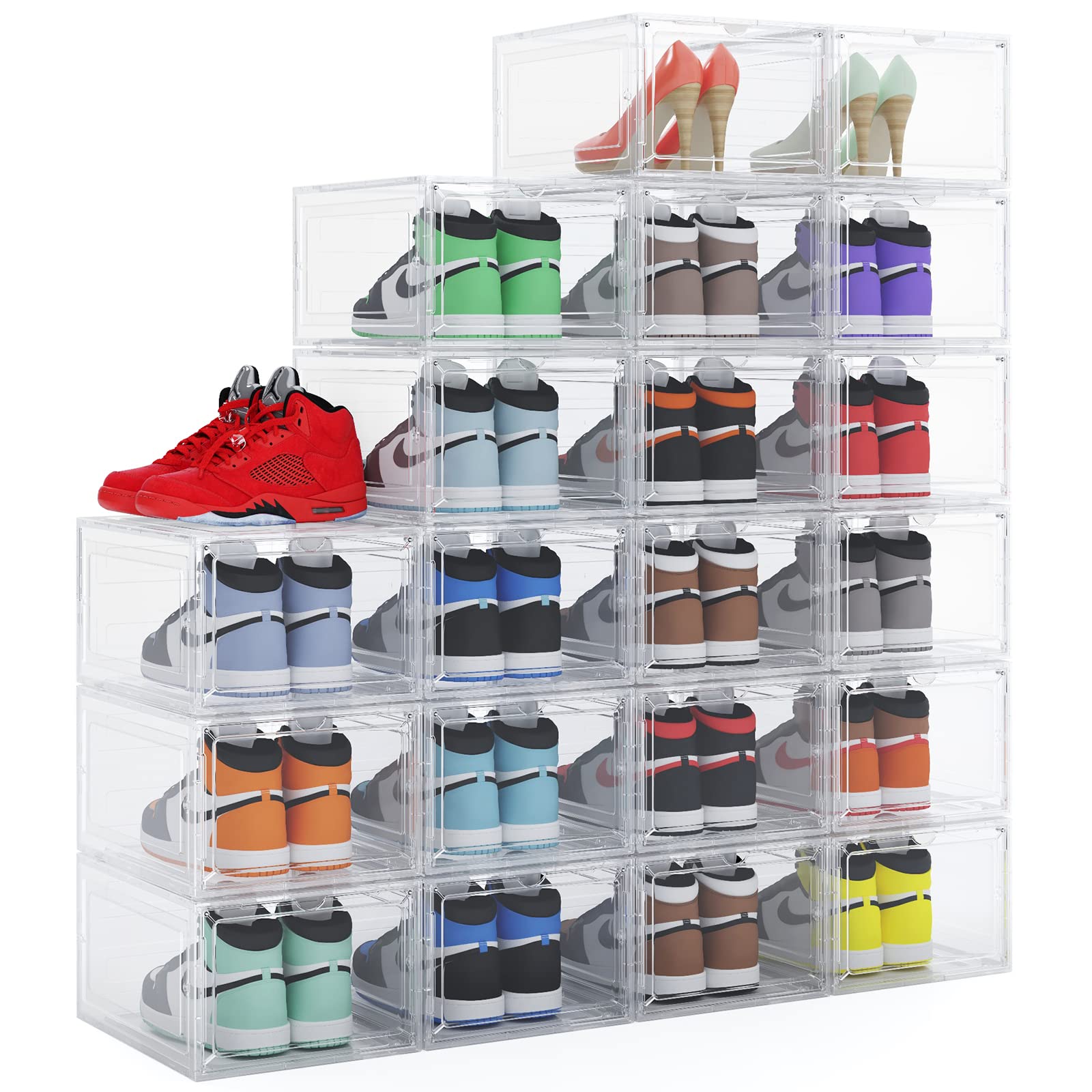 VVM 20-Pack Clear Plastic Stackable Shoe Organizer Boxes with Magnetic Drop Front - Easy Assemble Shoe Storage Containers for Closet, Bedroom & Entryway Organization