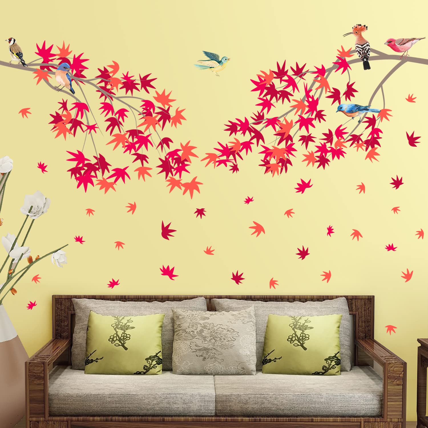 Thanksgiving Maple Leaf Wall Decals - Fall Red Leaves with Birds on Branches, Removable Peel & Stick Vinyl Wall Art for Autumn Home Decor | Perfect for Kids Bedroom, Nursery, and Seasonal Thanksgiving Party Decorations