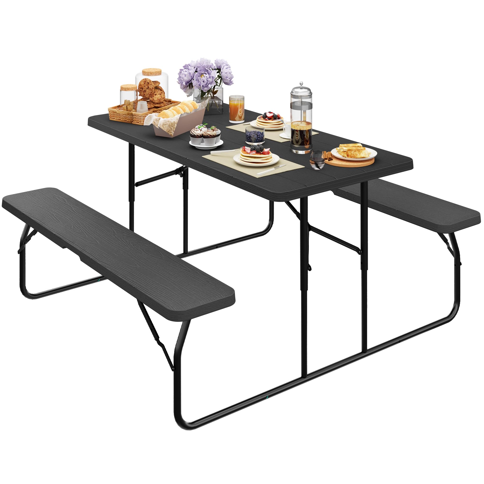 YITAHOME Folding Picnic Table with Benches - Easy Assembly Steel Frame & Wood-Like Tabletop, All-Weather Outdoor Dining Set for Yard, Patio, Lawn, Camping, BBQ Party - Black