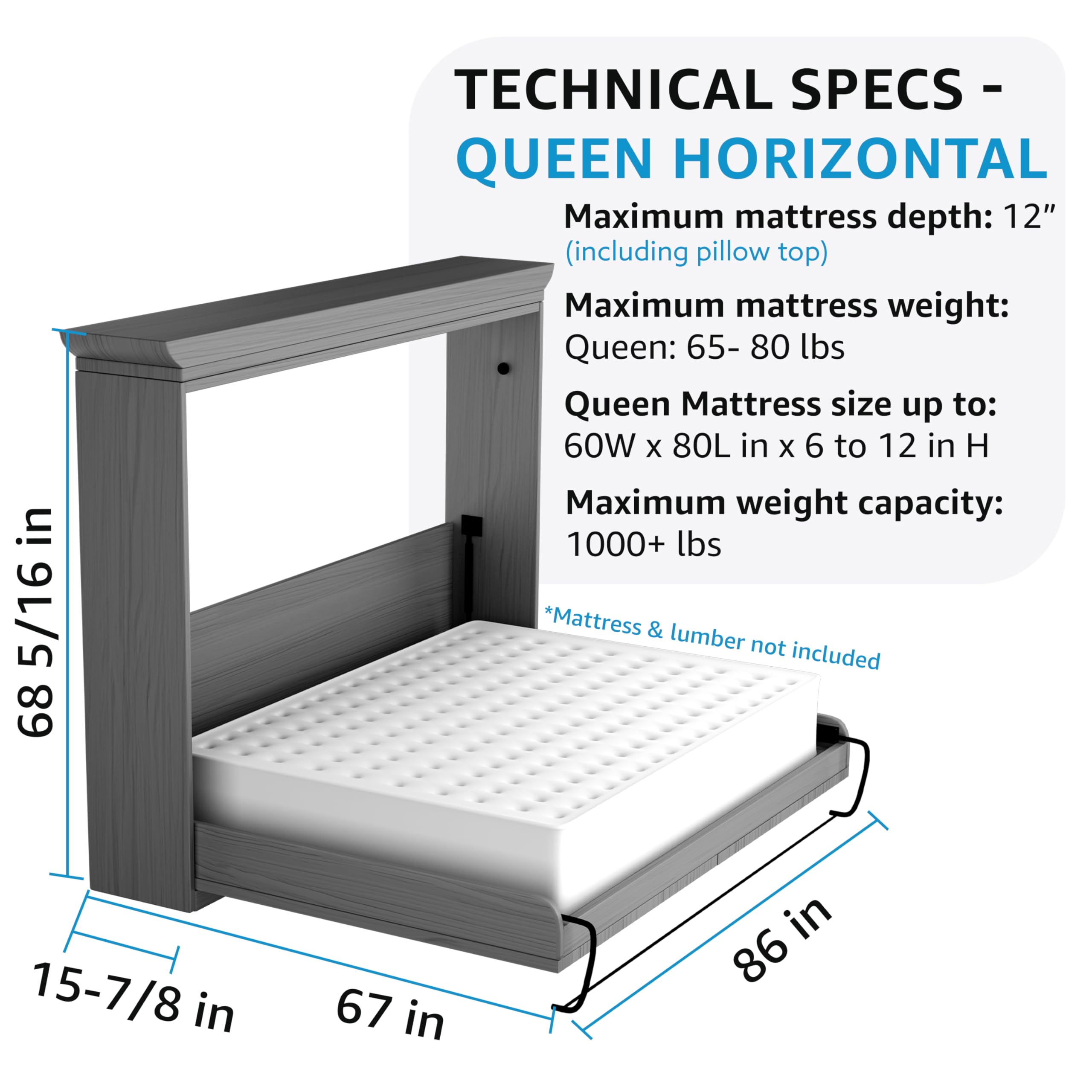 Premium Create-A-Bed Murphy Bed Kit - Queen Size Horizontal Wall Bed for Space Saving | Perfect for Small Apartments, Guest Rooms & Home Offices