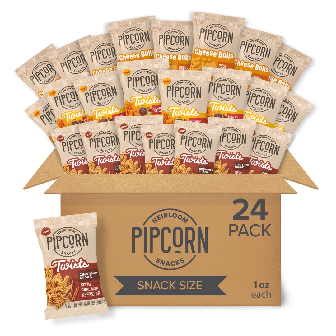 Pipcorn Heirloom Puffed Snacks Variety Pack - 24pk (1oz Bags) - Gluten Free Healthy Snacks with Cheddar Cheese Balls, Honey BBQ Twists & Cinnamon Sugar Twists - Perfect for School Lunches, Office Snacks & Movie Nights