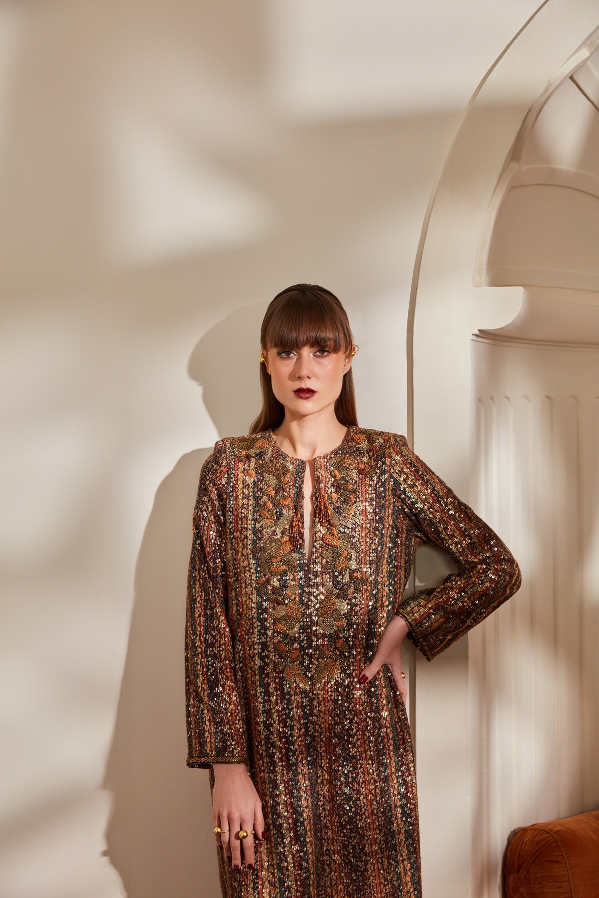 Elegant Stripe Print Sheeted Slit Dress with Baroque Hand Embroidery - Perfect for Evening Parties and Special Occasions