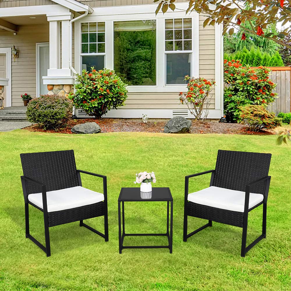 3-Piece Outdoor Patio Furniture Set - Portable Rattan Table & Chairs with Cushions - Perfect for Backyard, Garden, Balcony, Poolside & Porch - Black Conversation Set for Relaxing & Entertaining