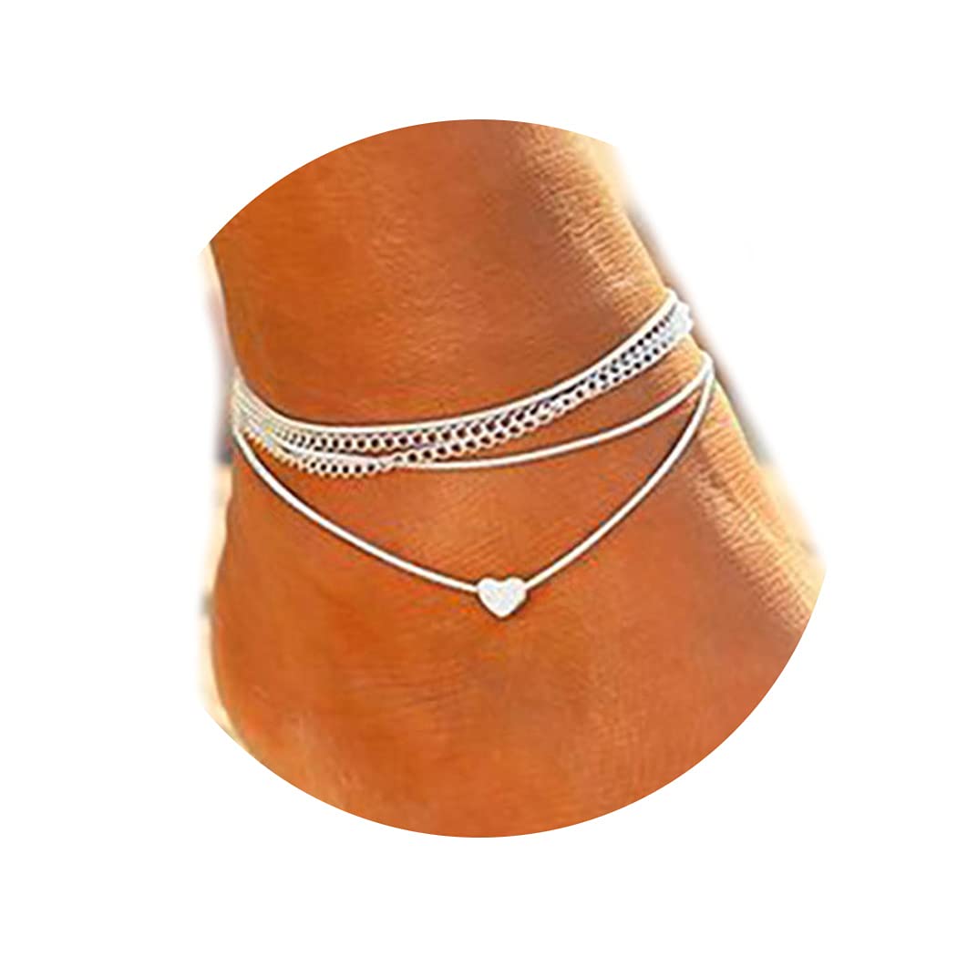 Boho Layered Anklets for Women - Silver Rope Chain Ankle Bracelets with Love Heart Charm, Trendy Foot Jewelry for Girls | Perfect for Beach, Summer Outfits and Festival Fashion
