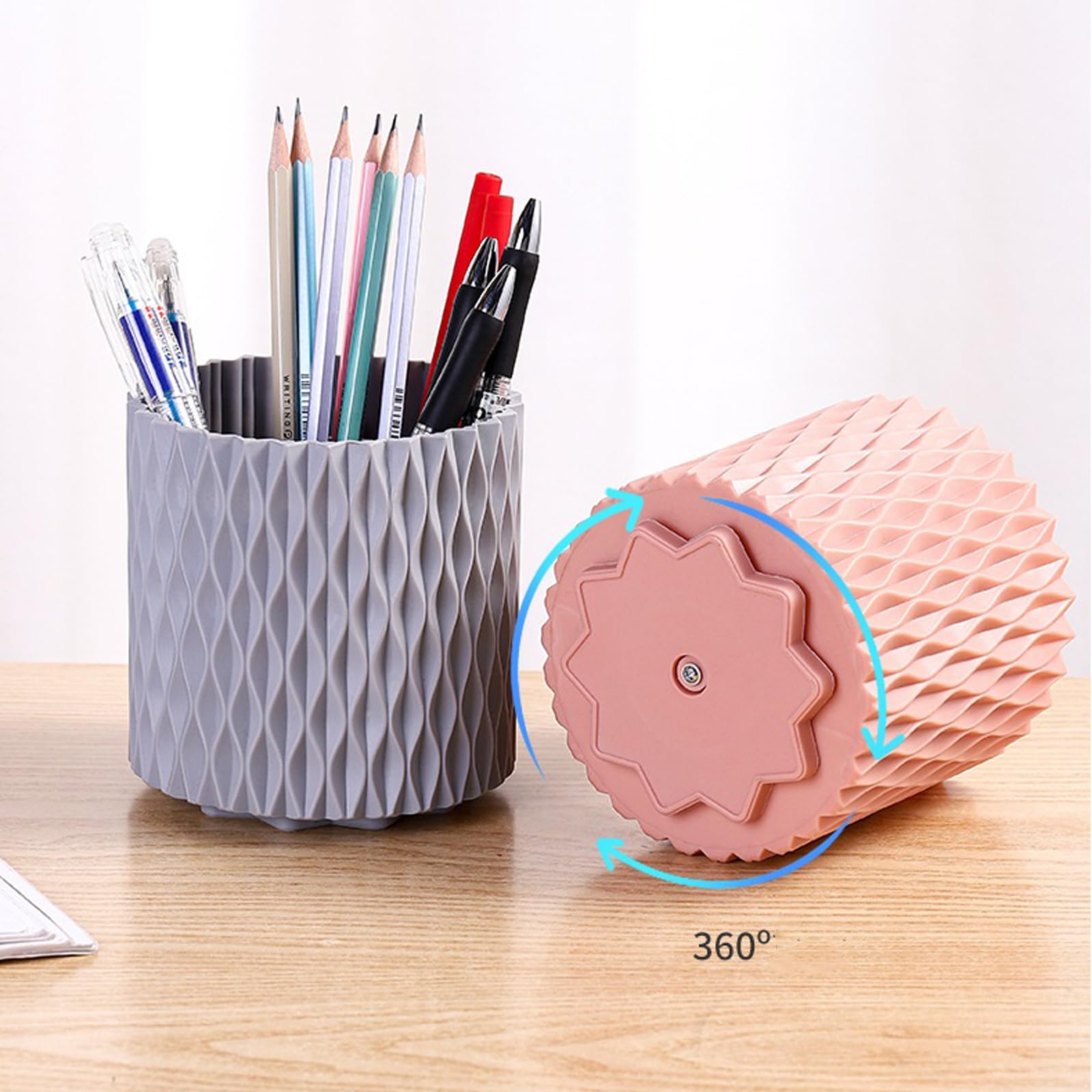 360 Degree Rotating 5-Slot Pen Holder for Desk - Multifunctional Pencil & Makeup Brush Organizer for Home Office School (Pink) - Perfect for Study, Work & Beauty Organization