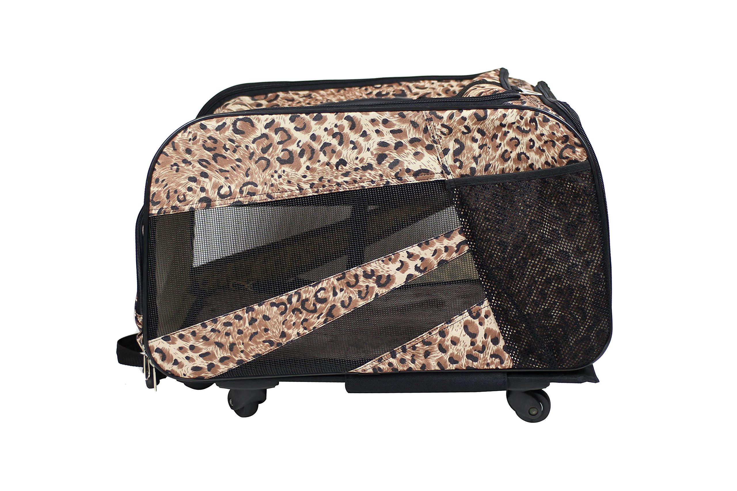 dbest Pet Smart Cart - Small Cheetah Print Rolling Pet Carrier with Wheels, Collapsible & Airline Approved Soft-Sided Travel Bag for Dogs & Cats - Perfect for Air Travel, Vet Visits & Outdoor Adventures