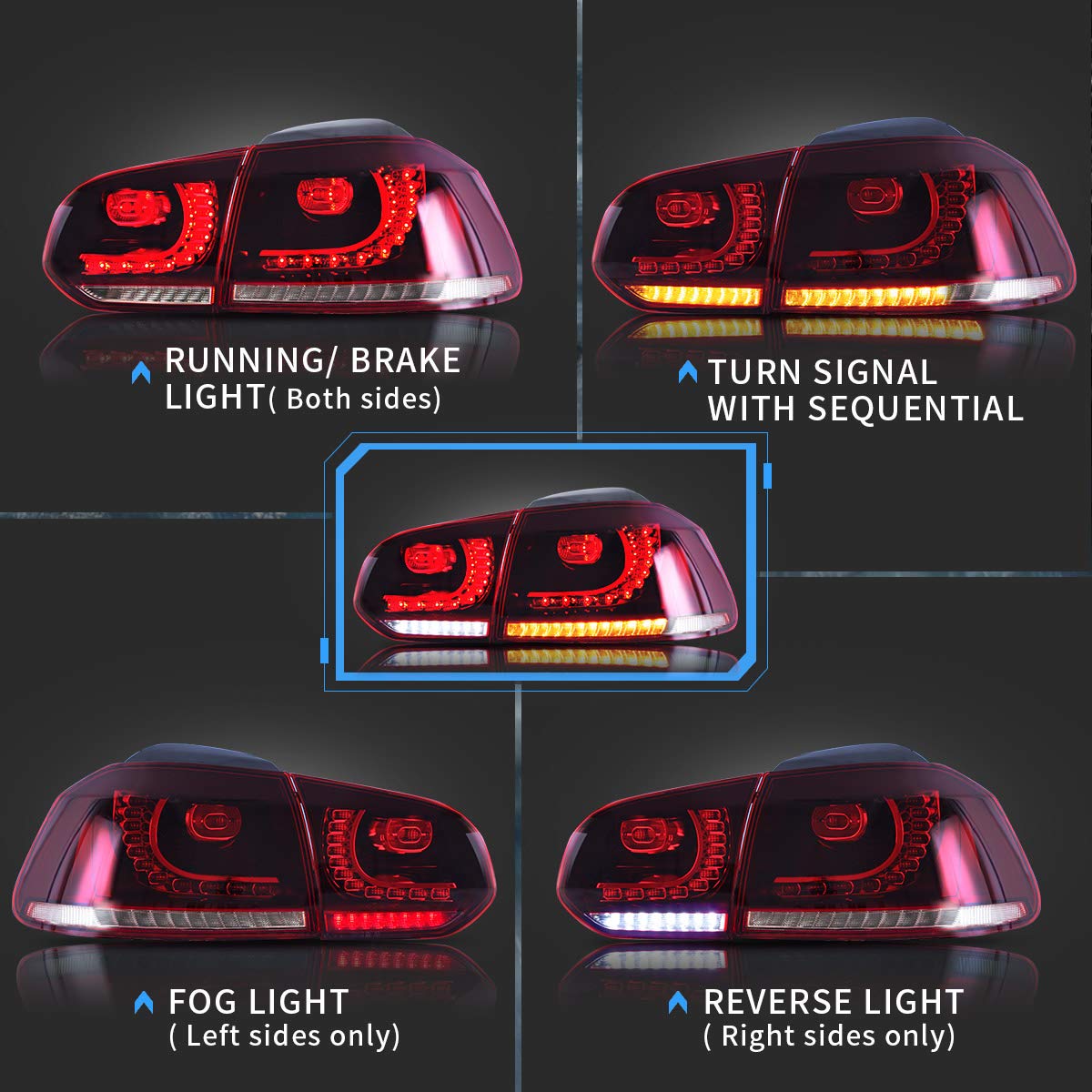 VLAND Full LED Tail Lights for VW Golf 6 MK6 (2010-2014) - Sequential Turn Signal, Red & Clear Lens - Rear Lamp Assembly - Upgrade for Night Driving & Enhanced Visibility