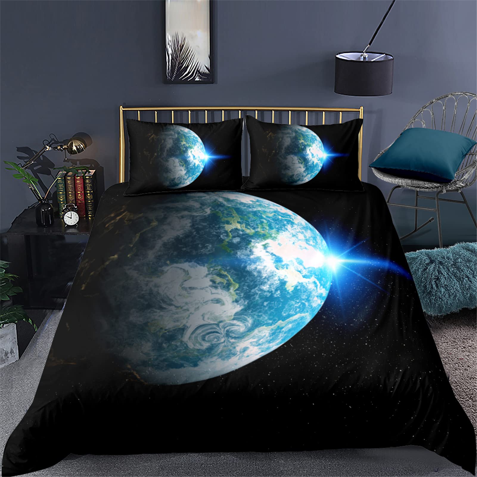 Galaxy Bedding Set King Size for Kids - Starry Sky Duvet Cover with Blue Planet Theme (1 Duvet Cover + 2 Pillowcases) for Boys & Girls - Perfect for Space-Themed Bedrooms, Sleepovers, and Astronomy Lovers