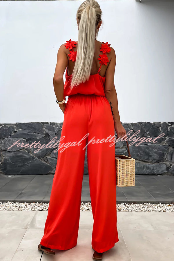 Solid Color Embroidered Flower Suspenders Casual Loose Jumpsuit for Women | Summer Boho Romper | Outdoor Music Festival & Beach Vacation Outfit