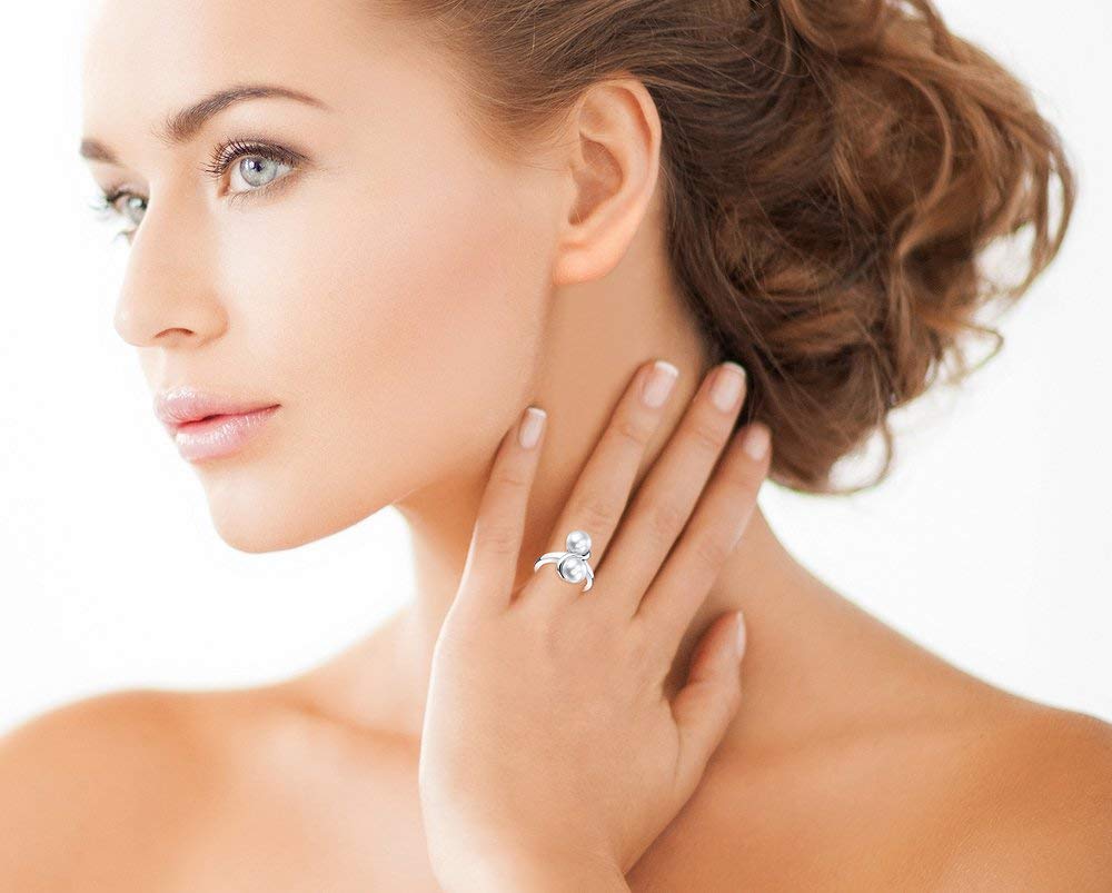 7-8mm Genuine White Freshwater Cultured Pearl Double Ring for Women - Elegant Jewelry Gift for Anniversary, Wedding & Special Occasions