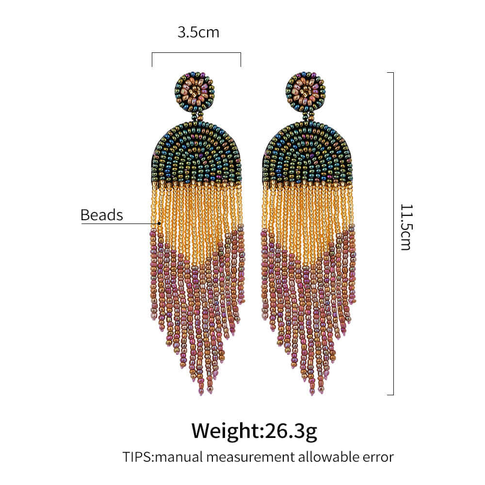Bohemian Color Seed Beads Tassel Fringe Earrings for Women | Handmade Dangle Earrings with Natural Stones | Perfect for Festivals, Parties and Boho Fashion (Style E68671)