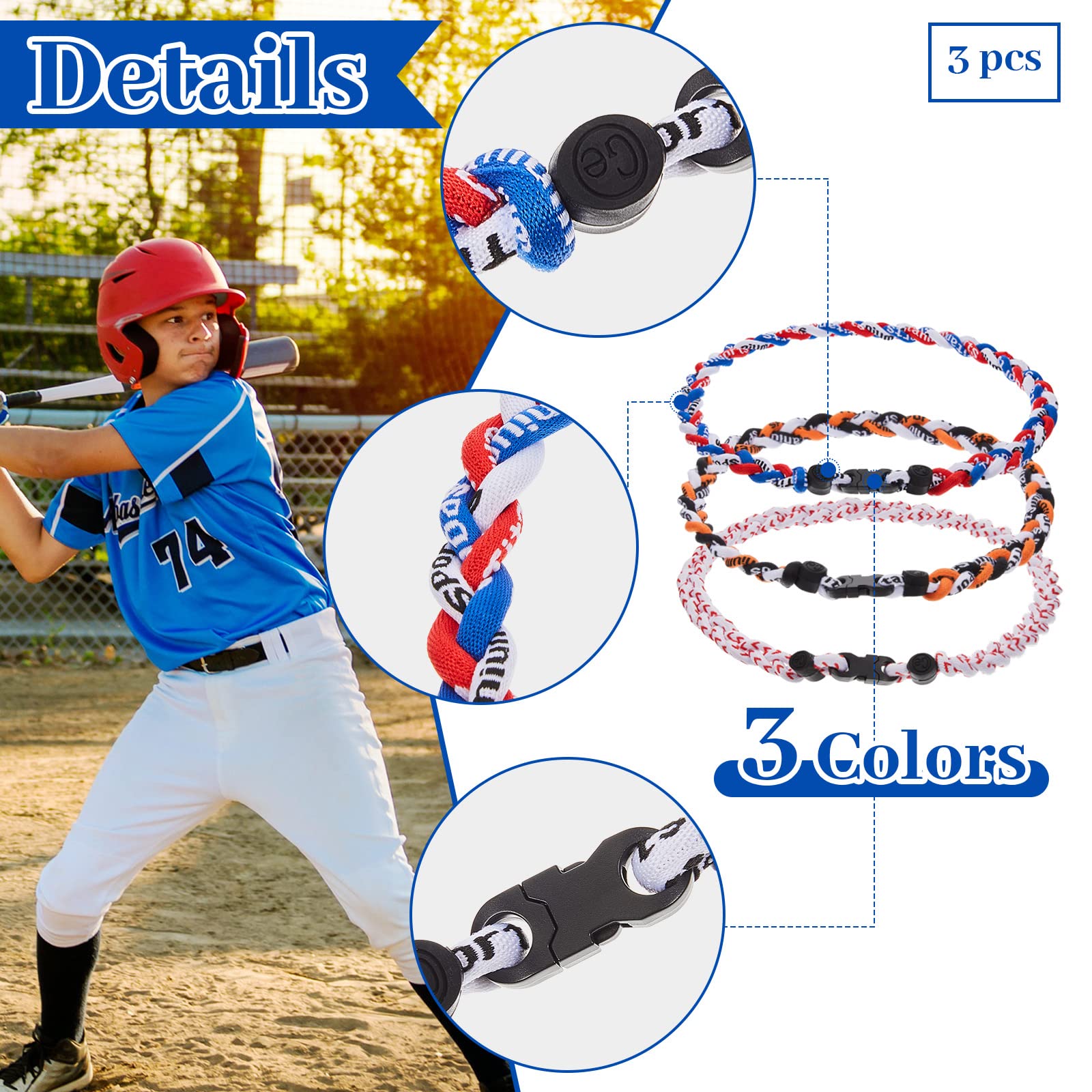 Junkin 3-Piece Baseball Braided Rope Necklace Set - Titanium Sports Necklaces for Men & Boys - Perfect Gift for Baseball Players, Softball Fans & Athletes - Great for Games, Training & Casual Wear