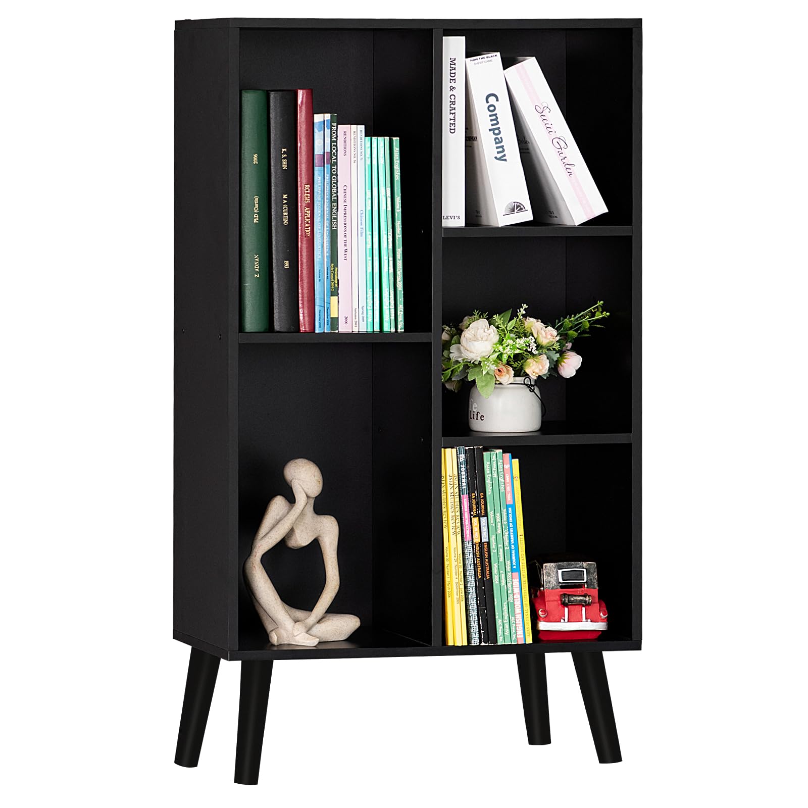 YAHARBO 3-Tier Small Black Narrow Bookshelf - Modern Wood Bookcase with Legs, Rustic Cube Organizer for Home Office, Living Room & Bedroom Storage