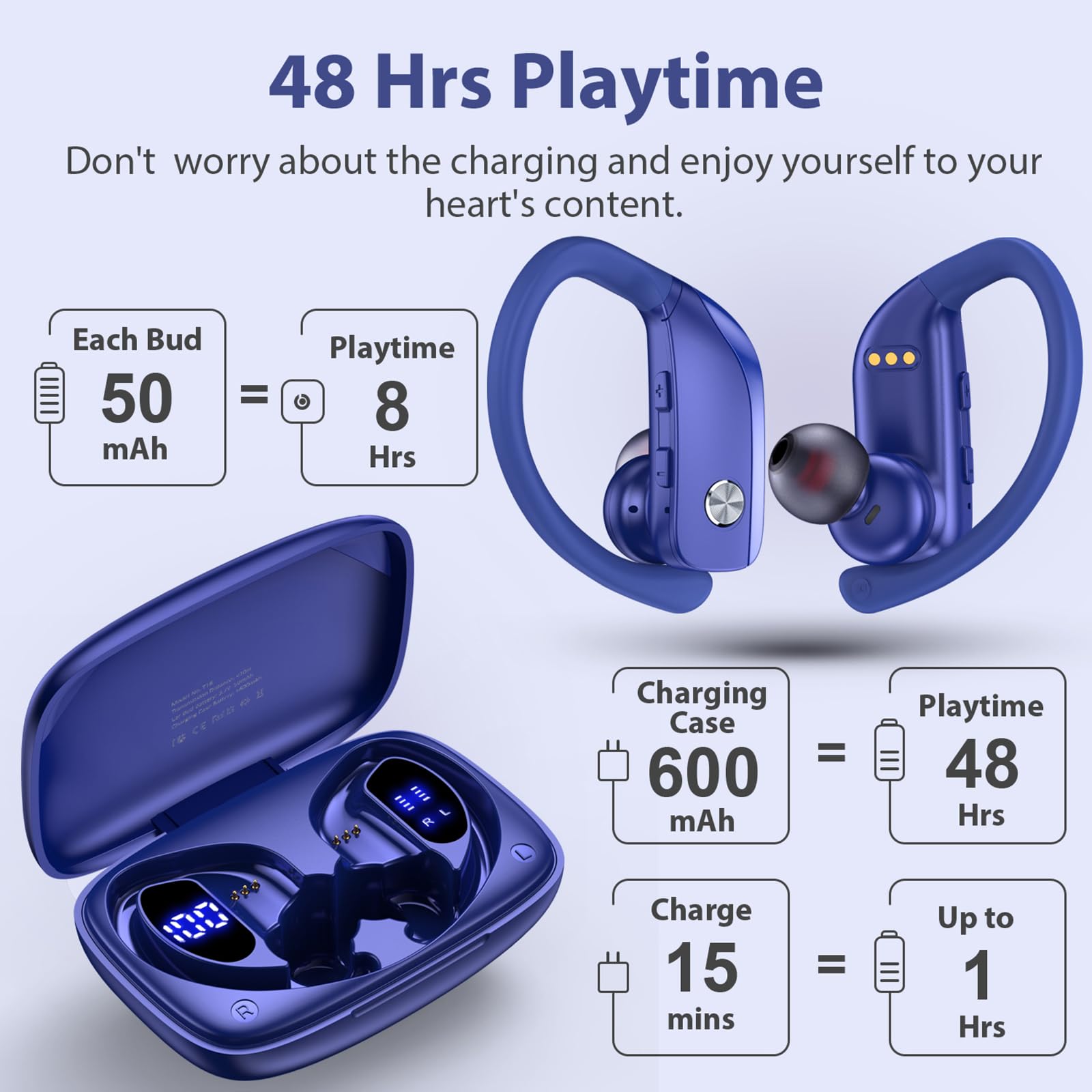 Bmanl Wireless Bluetooth Earbuds with LED Display - 48H Playtime, Built-in Mic, Secure Earhooks for Running, Gym & Workouts (Blue) | Perfect for Sports, Commuting & Outdoor Activities