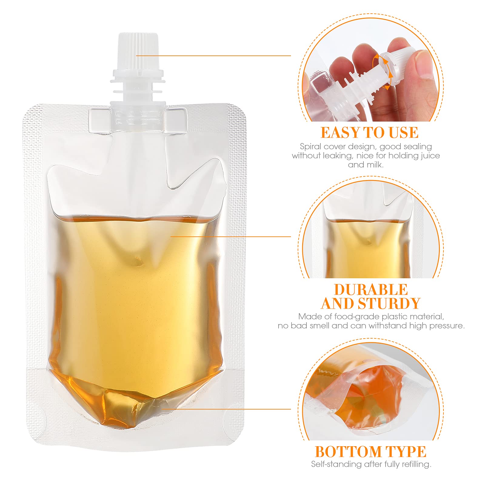 Cabilock 50pcs Reusable 300ml Plastic Drink Pouches - Leak-Proof Liquor Flasks & Juice Bags for Hot/Cold Beverages - Perfect for Parties, Camping, and Outdoor Events