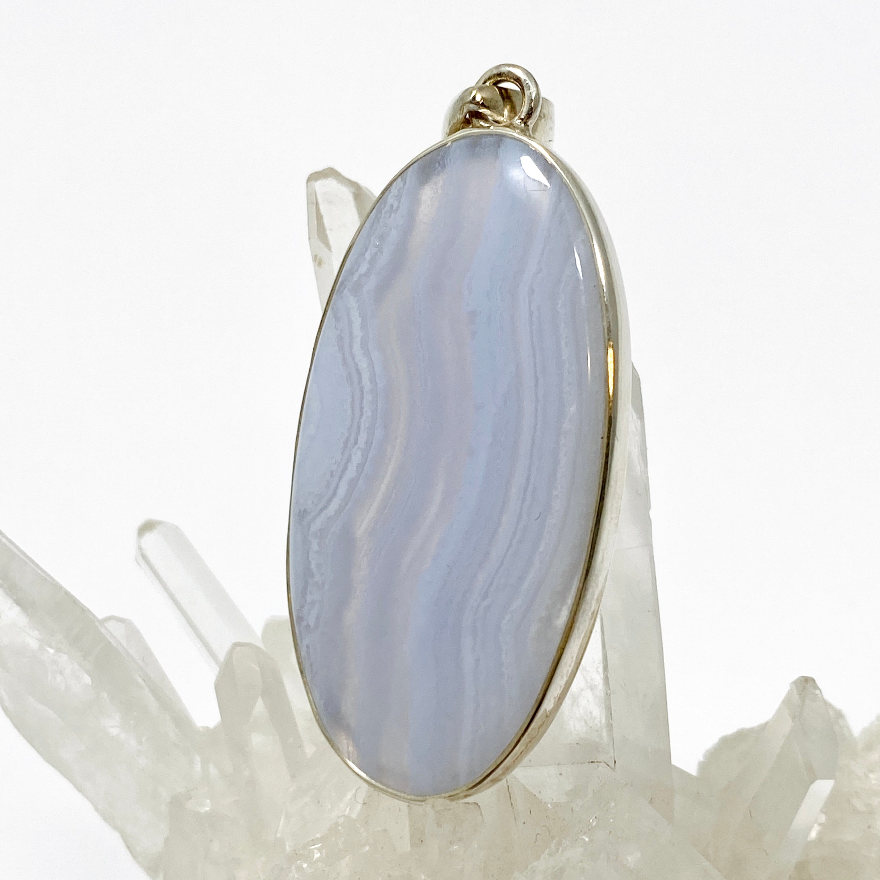 Blue Lace Agate Oval Cabochon Pendant - Natural Stone Jewelry KPGJ4823 for Women's Necklace, Healing Crystal Gift for Meditation & Spiritual Protection