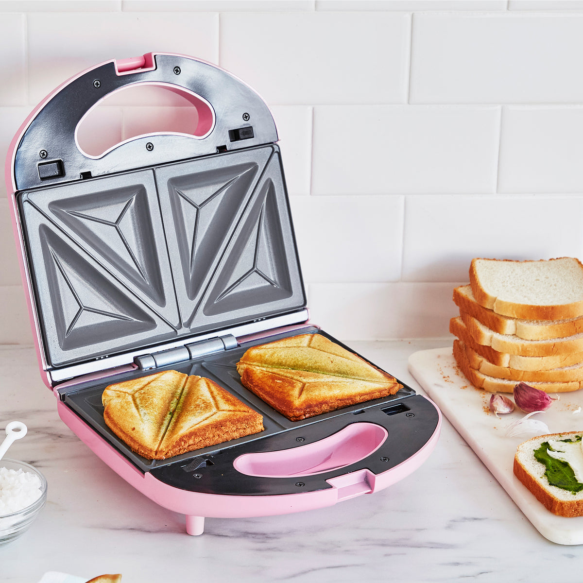 GreenLife Non-Toxic Ceramic Waffle Maker & Sandwich Press Set - Pink | Healthy Breakfast Maker for Waffles, Paninis & Grilled Cheese | Perfect for Home, Office & Dorm Use