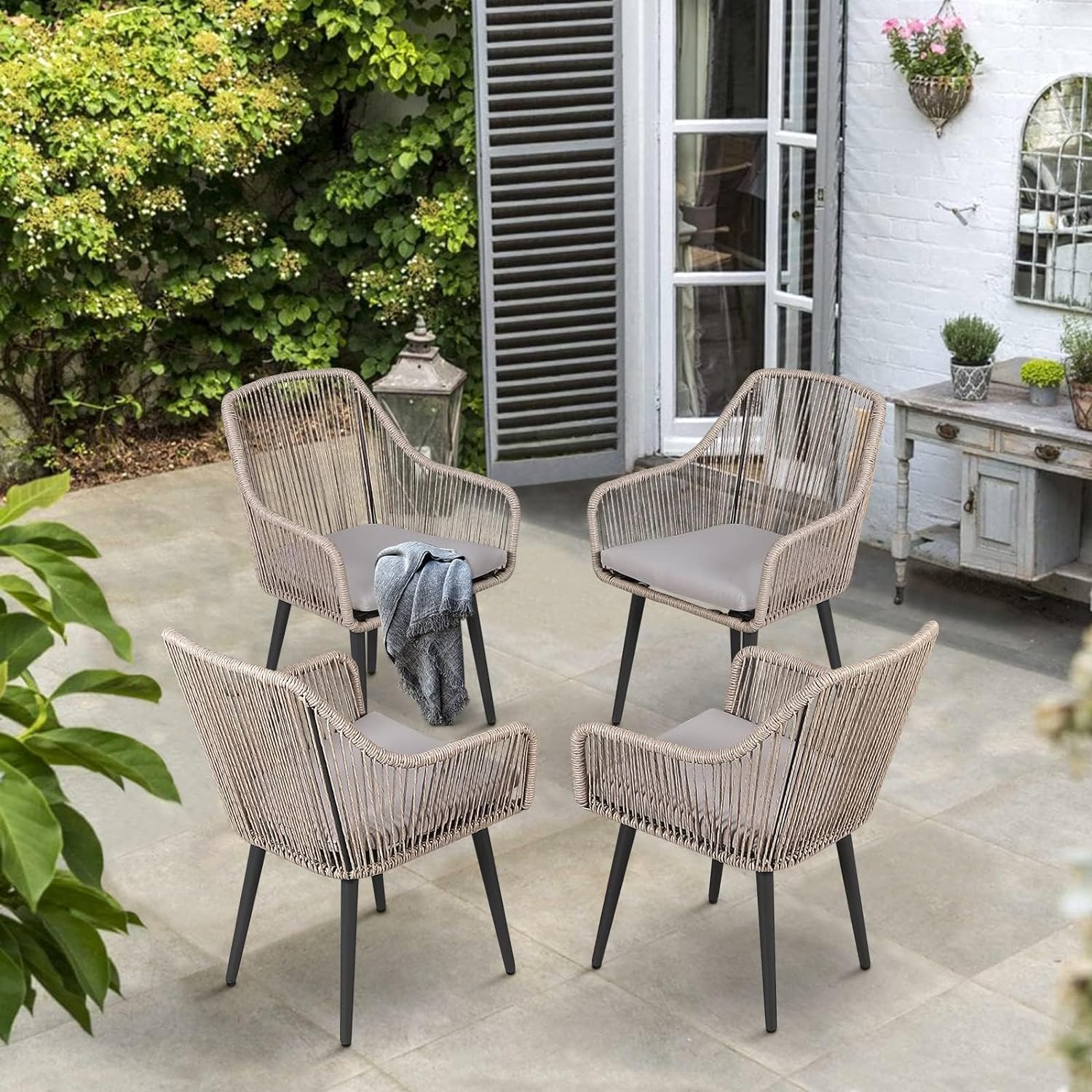JOIVI 4-Piece Outdoor Patio Dining Chairs Set - Woven Rattan Wicker Chairs with Armrests & Cushions, Sturdy Iron Frame - Perfect for Garden, Backyard, Lawn, Poolside, Indoor Dining & Kitchen Use - Beige