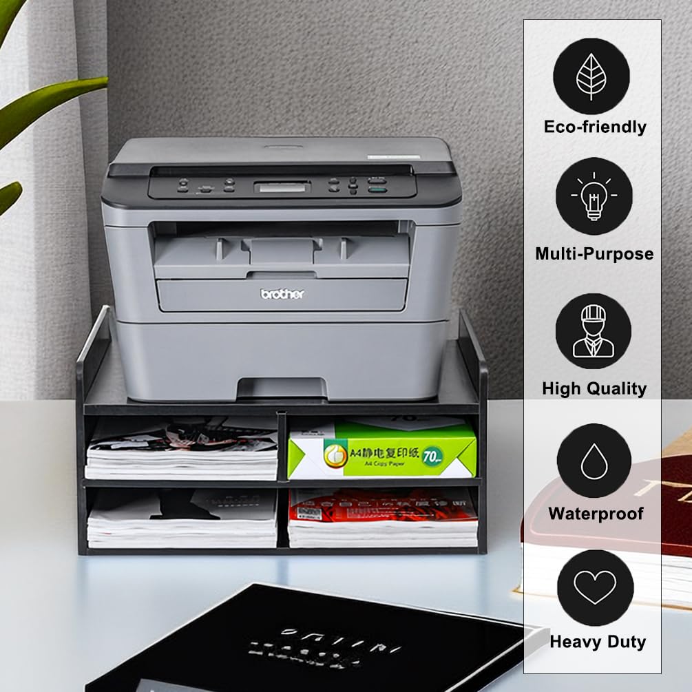 3-Tier Wooden Desktop Printer Stand with Storage - Organizer for Paper, Supplies & Printers - Perfect for Home & Office Workspaces (Black)
