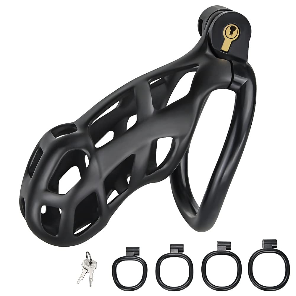 Premium Male Chastity Device - Adjustable Cock Cage with 4 Sizing Rings for Penis Training & BDSM Play | Comfortable Resin Chastity Lock | Perfect for Couples Bonding & Male Enhancement (Black)