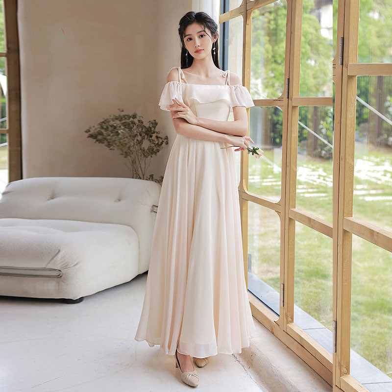 Elegant A-Line Champagne Bridesmaid Dress | Simple Long Prom Gown for Weddings & Formal Events | Perfect for Bridal Party, Evening Galas & Special Occasions