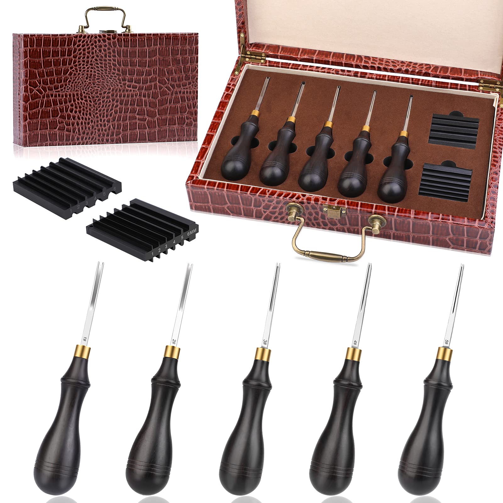 TLKKUE Leather Edge Beveler Tool Kit - 5 Sizes Leather Skiving Tools with Sandalwood Handle & Sharpener Guide for Leather Crafting - Perfect for DIY Leather Projects, Belt Making, Wallet Repair, and Shoe Making Accessories
