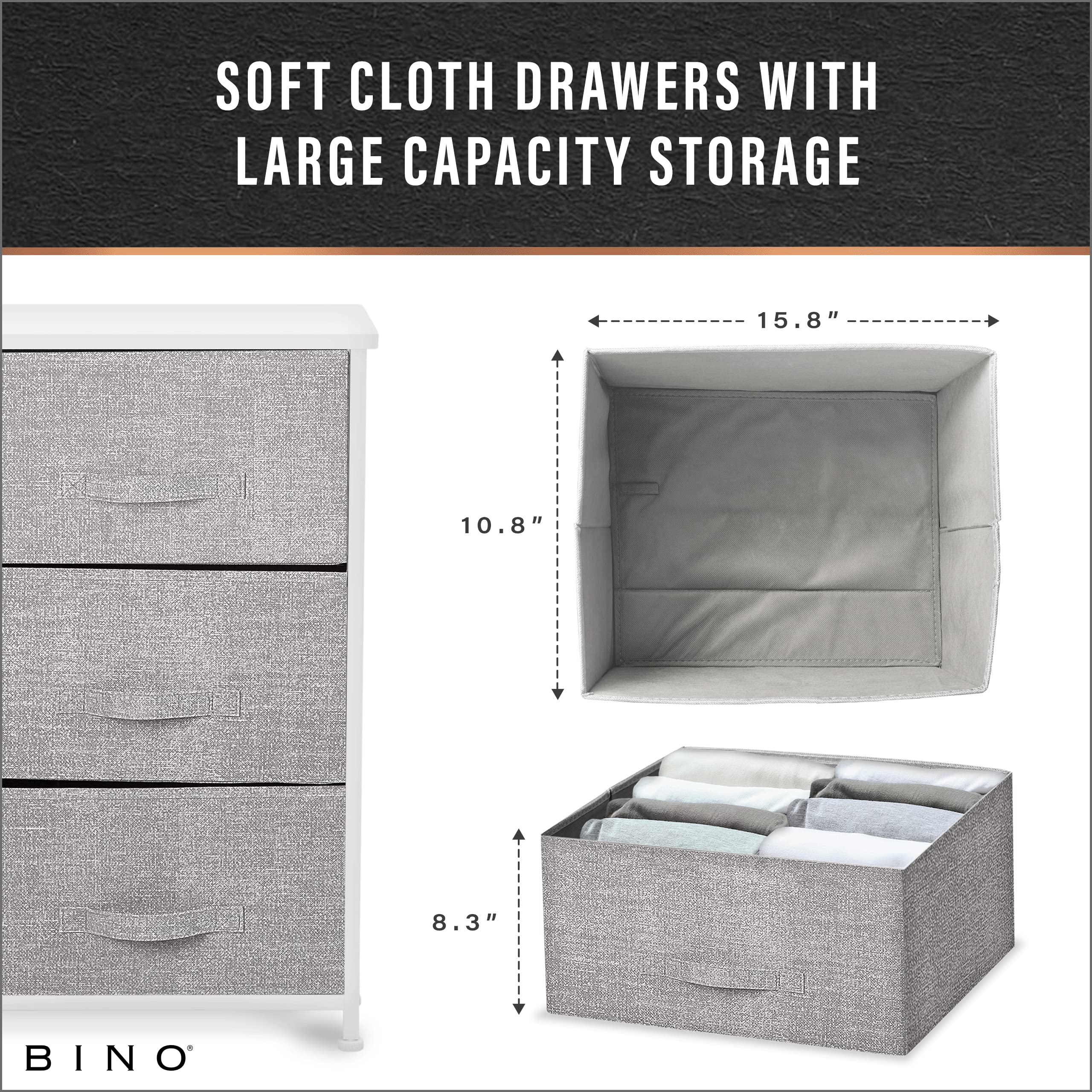 BINO 3-Drawer Fabric Dresser Storage Tower, Light Grey - Closet Organizer & Bedroom Storage Cabinet for Clothes, Toys, and Accessories | Perfect for Nursery, Hallway, Entryway, and Small Space Organization