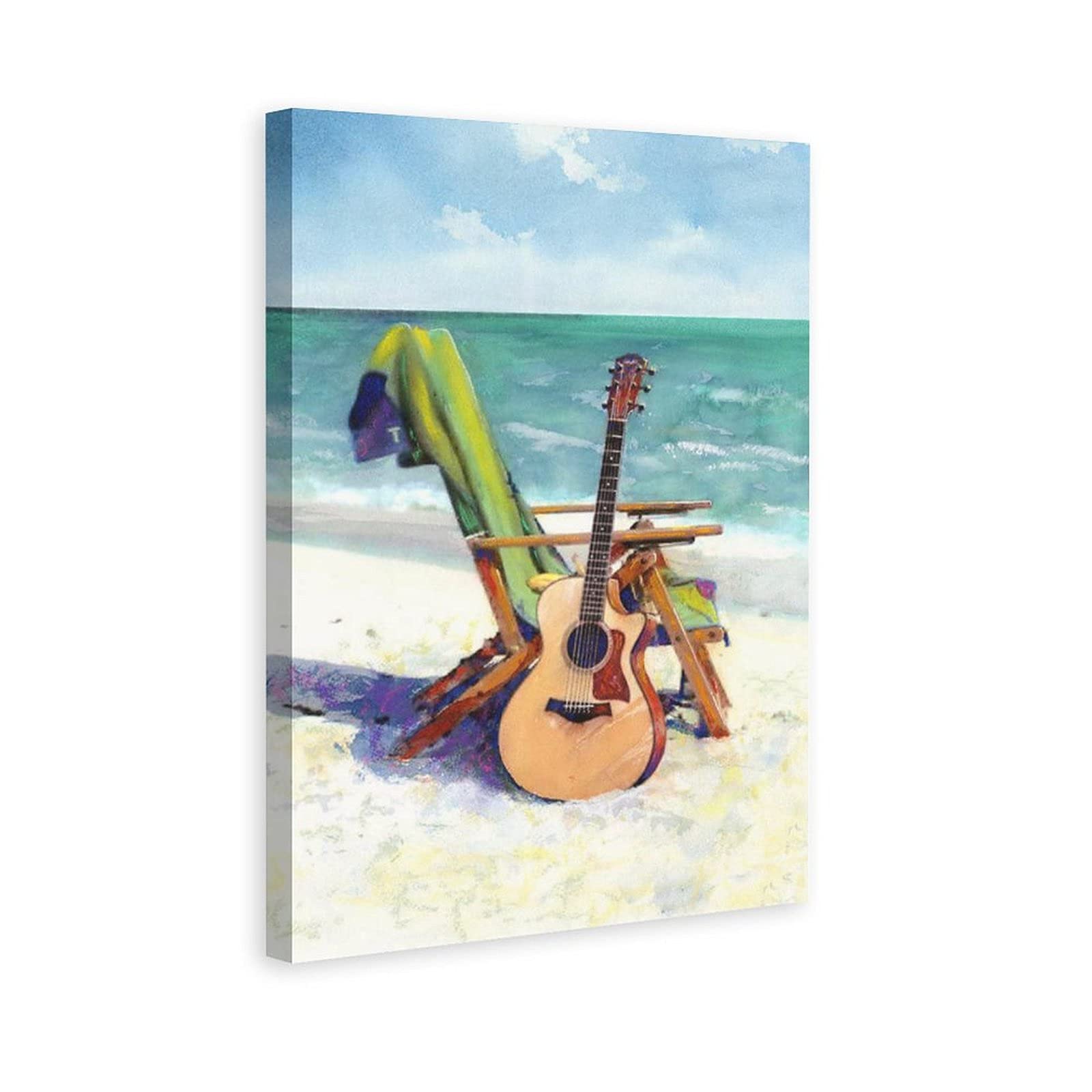 Beach Guitar Canvas Wall Art - 20x30 Inches (50x75cm) Coastal Landscape Painting for Living Room, Bedroom & Office Decor - Perfect Gift for Music Lovers & Beach Enthusiasts - Ideal for Home, Office or Dorm Room Decoration