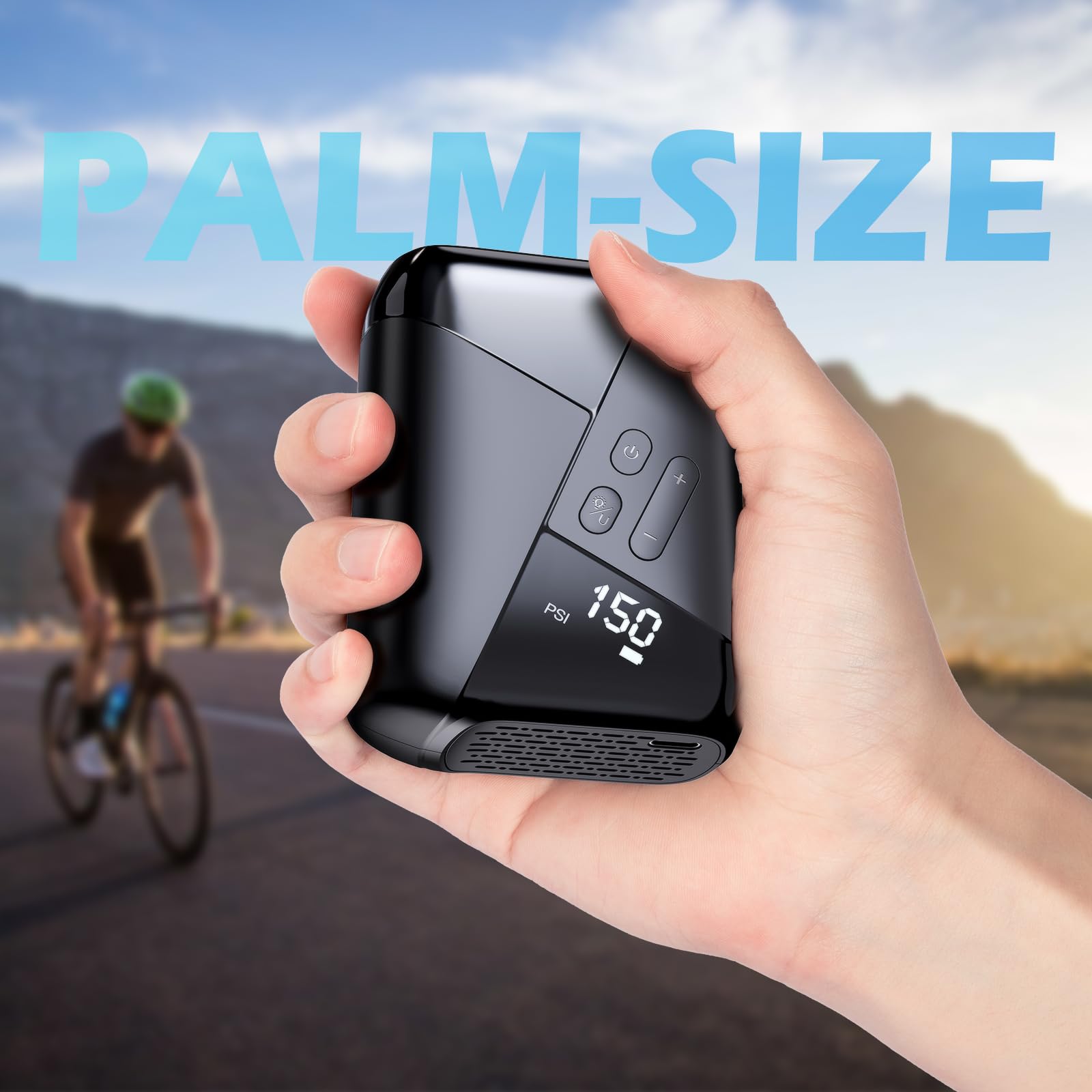 Portable Electric Bike Pump 150PSI with Pressure Gauge - Rechargeable USB-C Mini Bike Pump for Mountain, Road & City Bikes - Perfect for On-the-Go Cycling & Emergency Tire Inflation