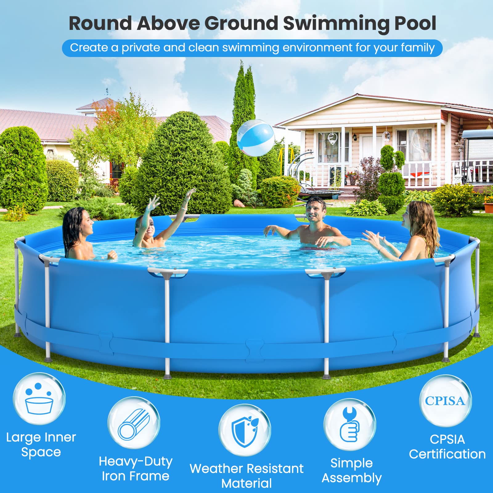 Goplus 12ft x 12ft x 30inch Above Ground Swimming Pool with Cover | Durable Steel Frame Outdoor Pool | Round Backyard, Garden & Patio Pool for Adults & Kids (Blue) | Perfect for Summer Parties, Family Fun & Outdoor Relaxation