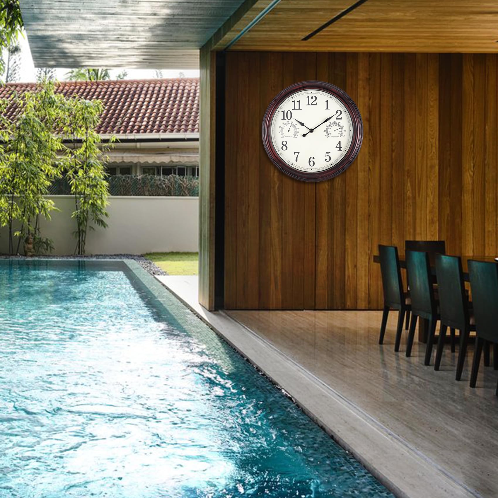 12 Inch Outdoor Wall Clock with Temperature & Humidity - Waterproof Plastic Patio Clock for Garden, Backyard & Porch - Weather Resistant Dark Brown Wall Clock for Outdoor Decor & Home Use