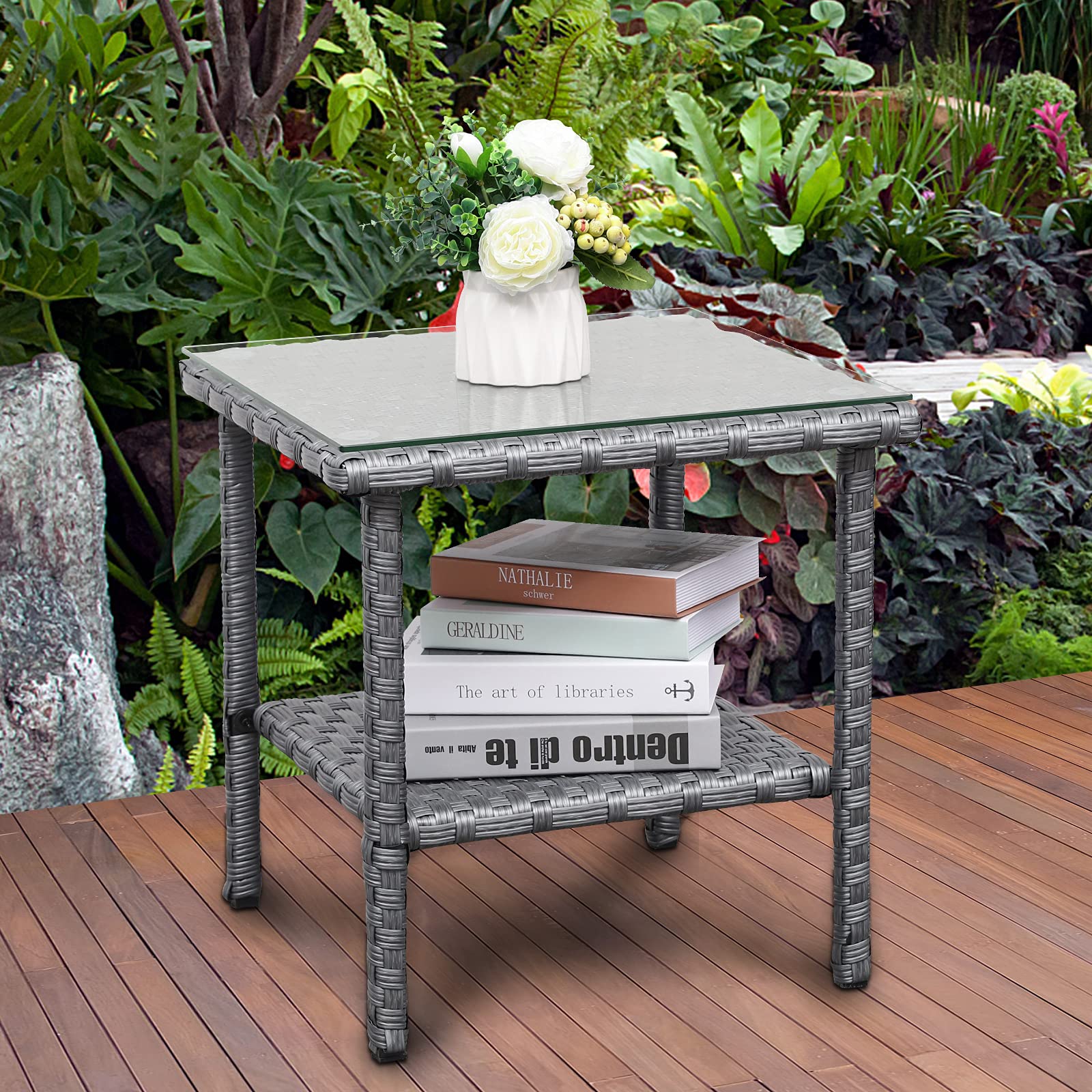 Valita PE Wicker Side Table - Outdoor Resin Rattan Square End Table with Glass Top & 2 Shelves - Gray - Perfect for Patio, Garden, Poolside & Balcony Furniture Decor