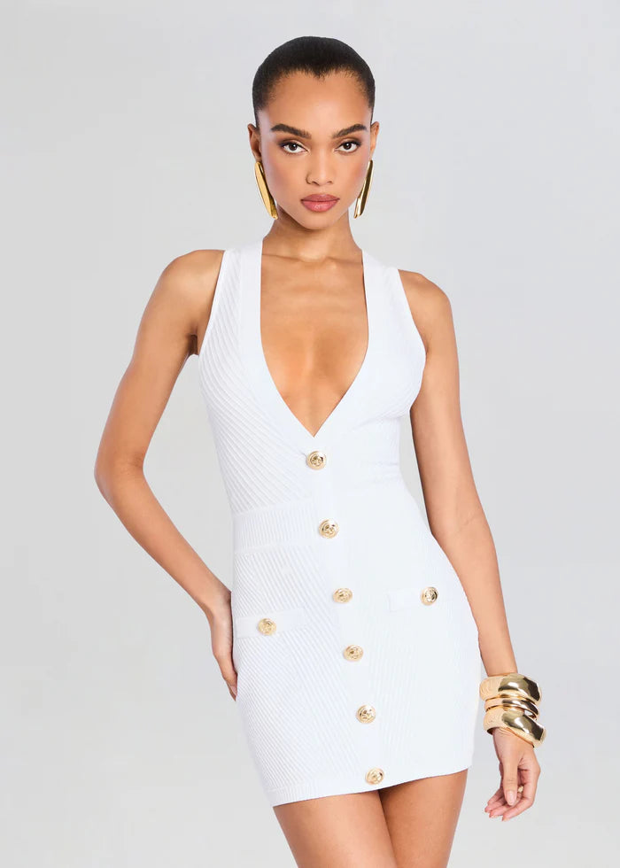 Ellison Rib Knit Dress for Women - White Gold Stretch Midi Dress | Casual & Party Wear | Perfect for Date Nights, Office, and Special Occasions