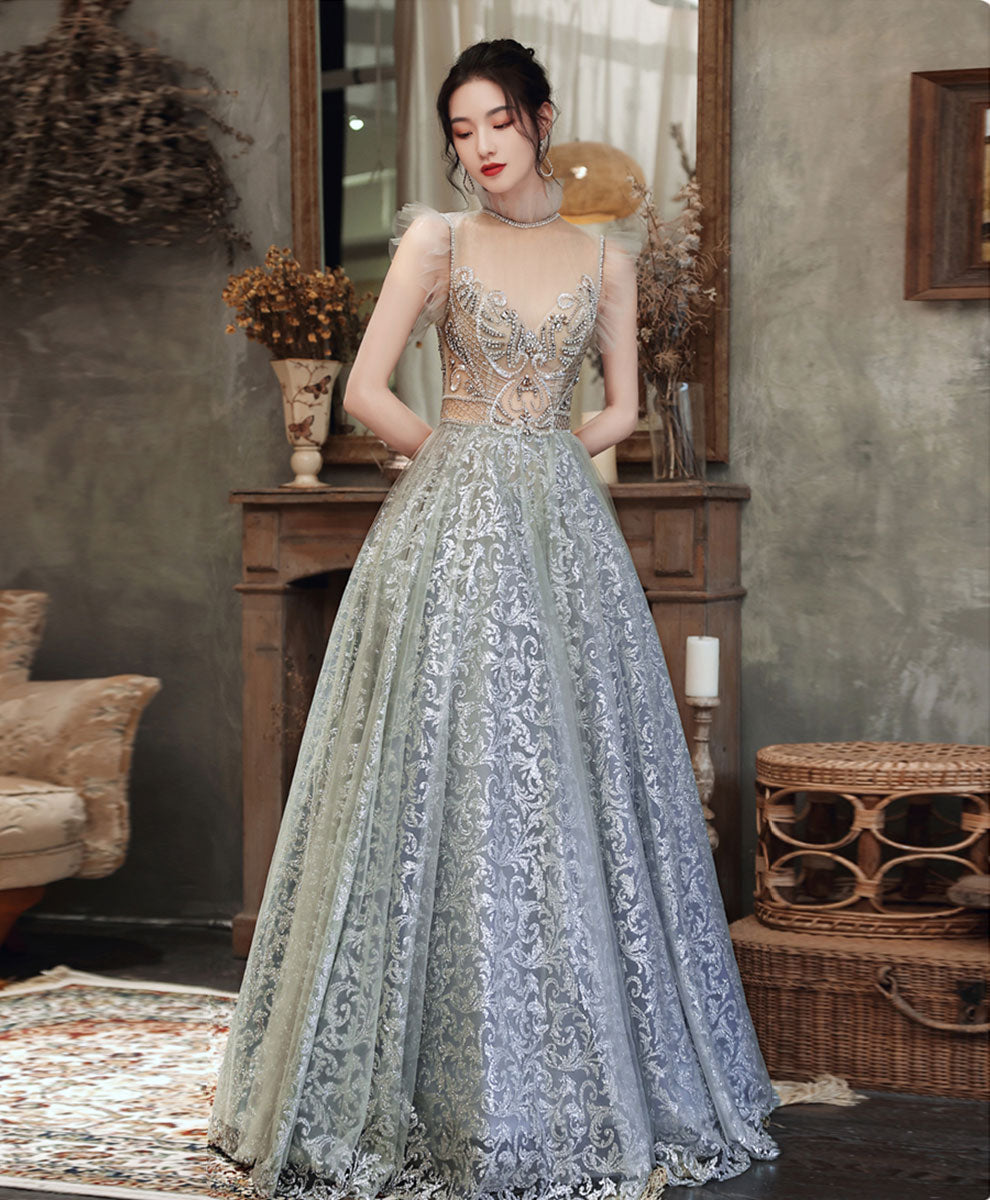 Elegant High Neck Tulle Gray Long Prom Dress with Beading - Formal Evening Gown for Homecoming, Ball, Wedding & Special Occasions