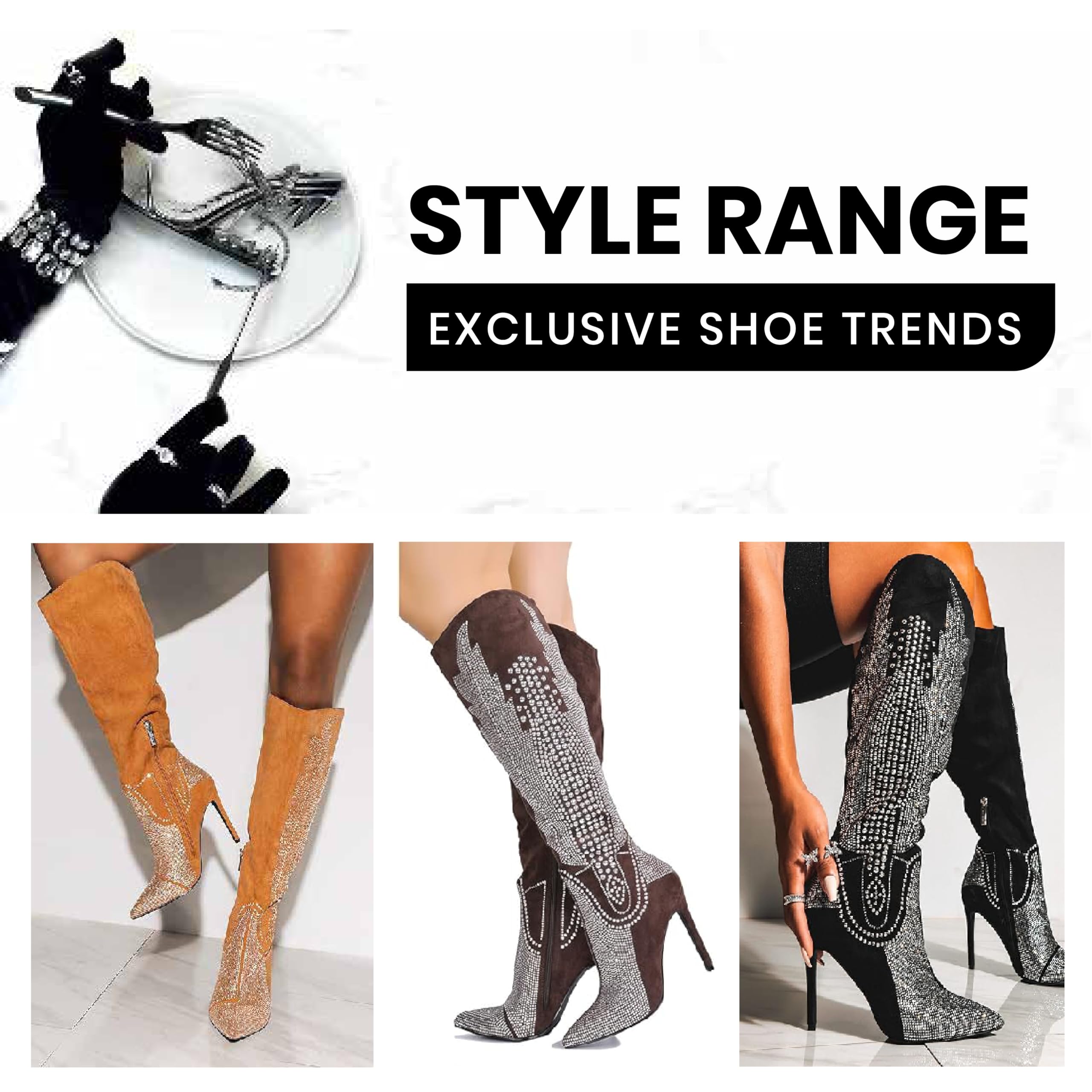 Cape Robbin Women's Rhinestone Western Cowboy Boots Knee High Wide Calf Stiletto Heel Dress Boots for Country Dancing, Rodeo & Night Out (Olkley)