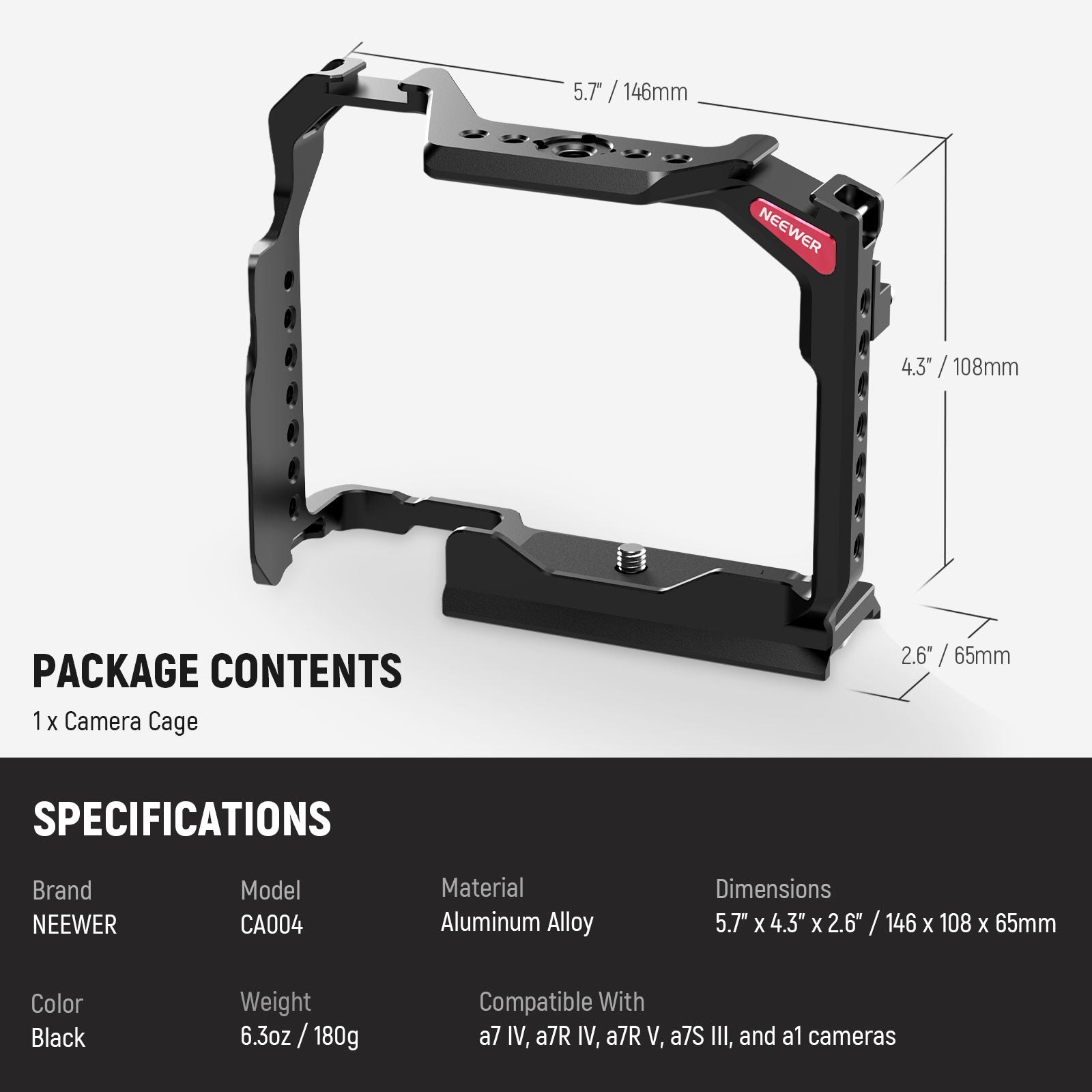 NEEWER CA004 Camera Cage Compatible with Sony a7RV, a7IV, a7RIV, a7SIII, a1 - Professional Aluminum Alloy Rig for Vlogging, Filmmaking & Photography