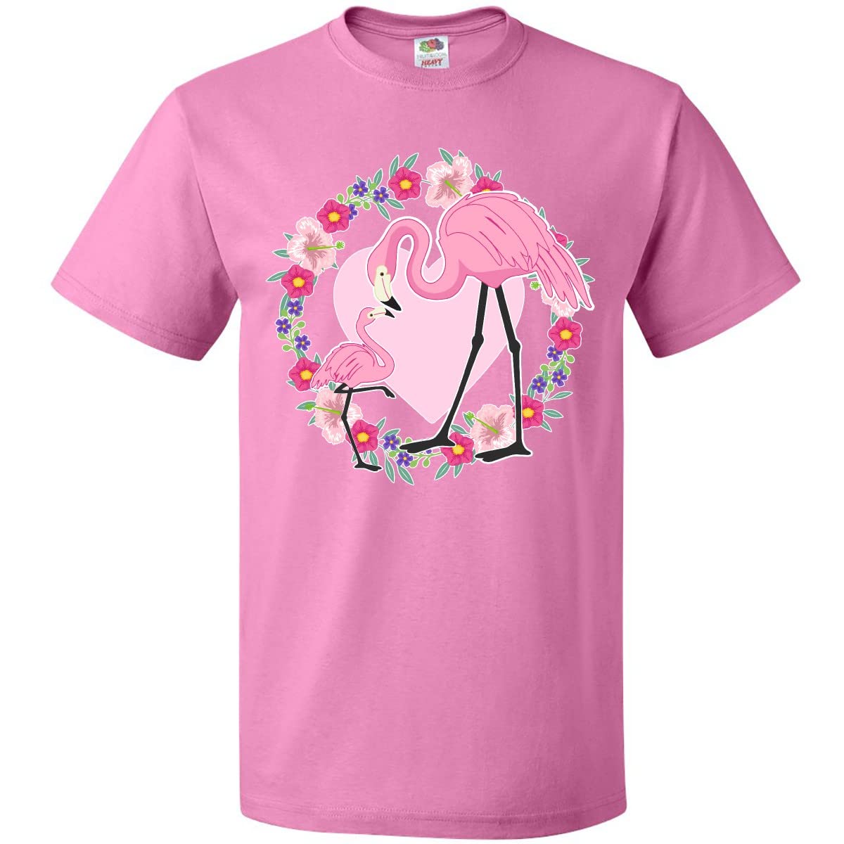 Inktastic Flamingo and Baby with Pink Heart Flowers Women's T-Shirt - Cute Floral Graphic Tee for Casual Wear, Beach Outfits & Mother-Daughter Matching