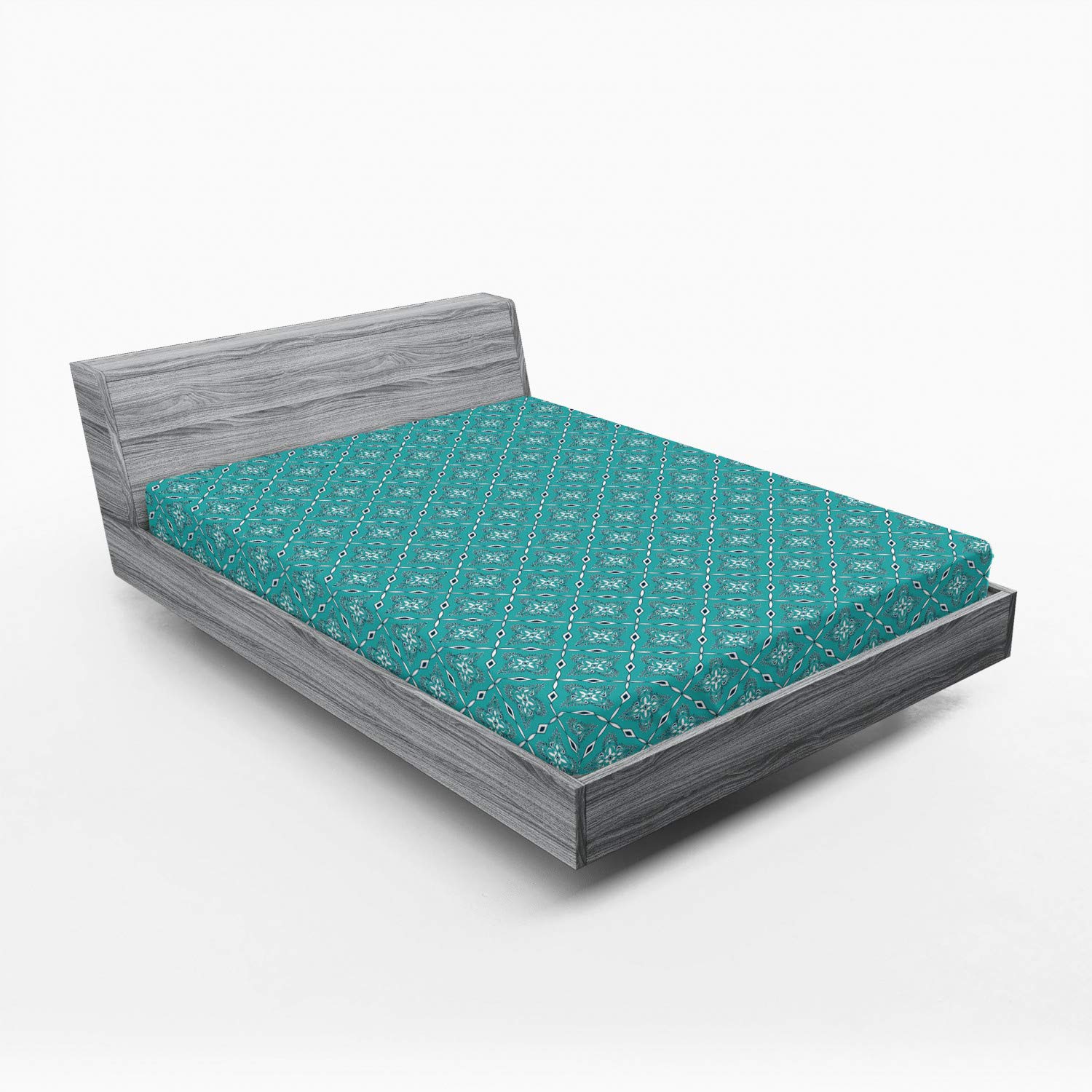 Ambesonne Turquoise Fitted Sheet Queen Size - Moroccan Geometric Floral Design, Deep Pocket Elastic All Around for Comfort - Perfect for Guest Rooms, Vacation Homes & Cozy Bedroom Decor