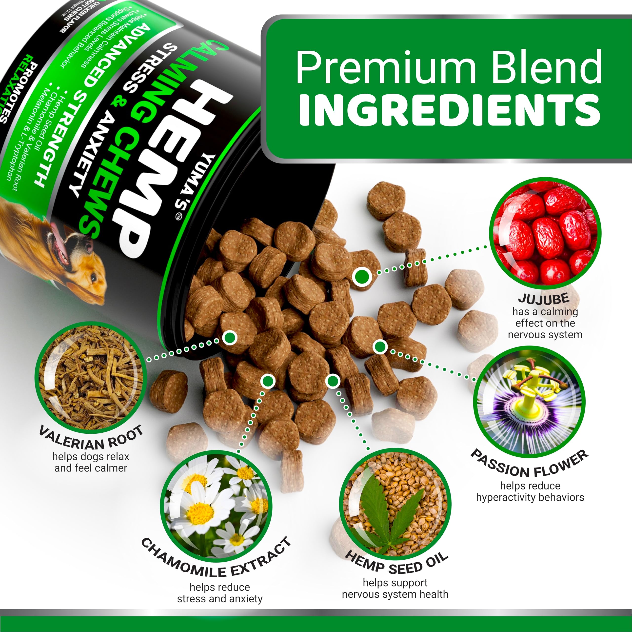 YUMA'S Hemp Calming Chews for Dogs - Natural Anxiety Relief Treats with Melatonin & Hemp Oil - 170 Count - Stress & Barking Control - Separation & Thunderstorm Aid - Made in USA - Perfect for Nervous Pets, Travel, Vet Visits & Fireworks