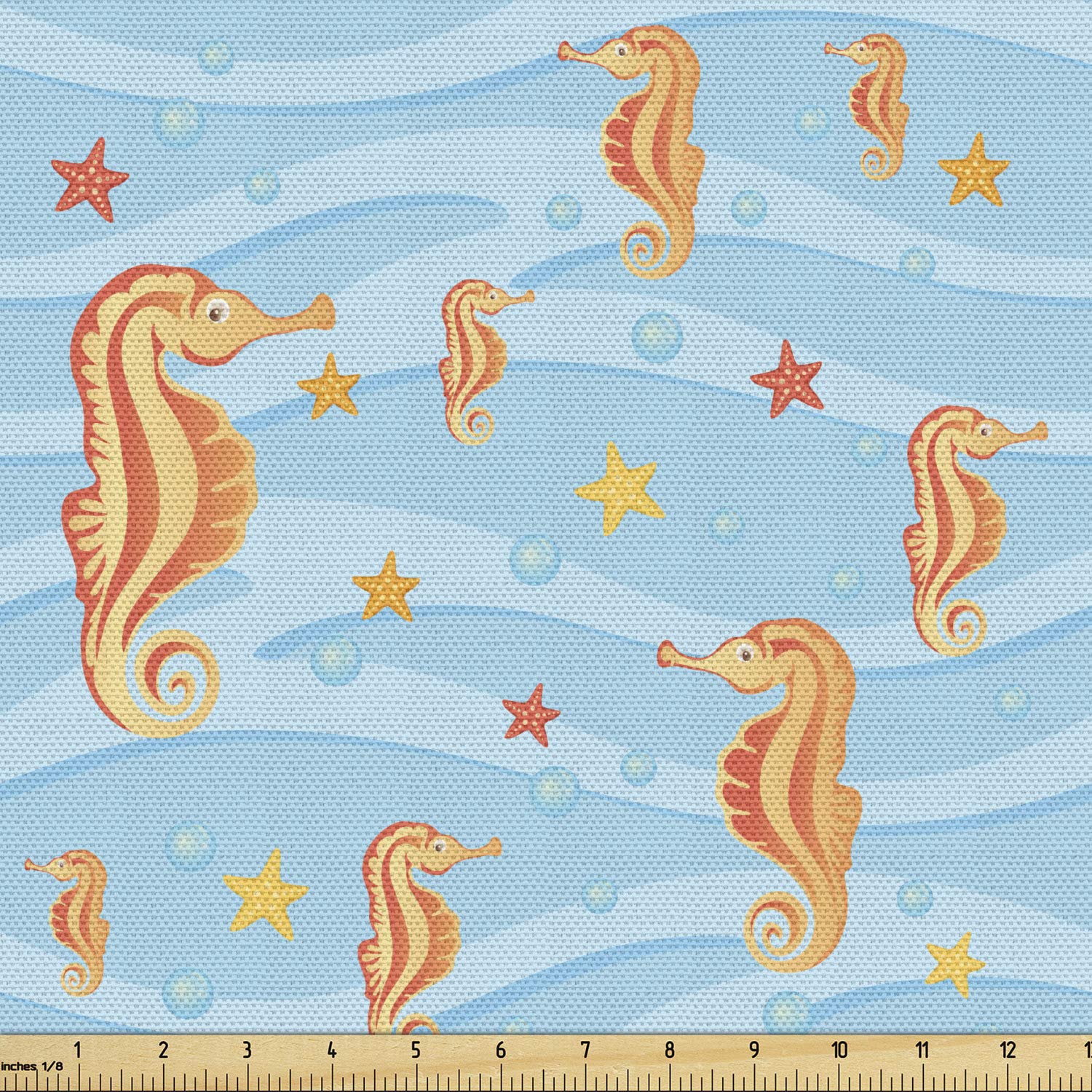 Ambesonne Animal Print Fabric by The Yard - Water Bubbles with Seahorse & Starfish in Tropical Waves, Decorative Upholstery Fabric for Sofa, Curtains & Home Decor (5 Yards, Orange Blue) - Perfect for Coastal Themed Bedrooms, Beach House Decor & DIY Craft Projects