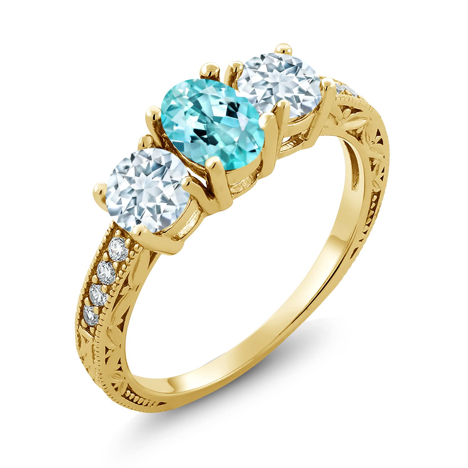 1.94 Ct Oval Blue Apatite & Sky Blue Aquamarine 18K Gold Plated Moissanite Ring for Women - Elegant Gemstone Jewelry for Engagement, Wedding & Special Occasions