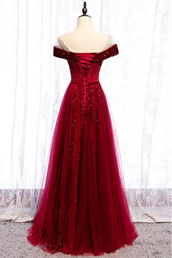 Burgundy Off-the-Shoulder Velvet Prom Dress - Elegant A-Line Long Evening Gown for Homecoming, Formal Dances & Special Occasions