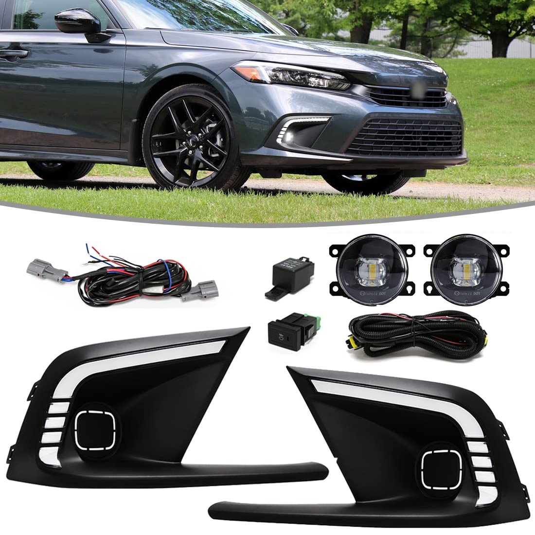 2021-2023 Honda Civic LED Daytime Running Lights (DRL) - Tri-Color Fog Light Replacement with Bezel | Durable LED Bulbs for Enhanced Visibility & Style | Perfect for Night Driving, Foggy Conditions & Car Customization