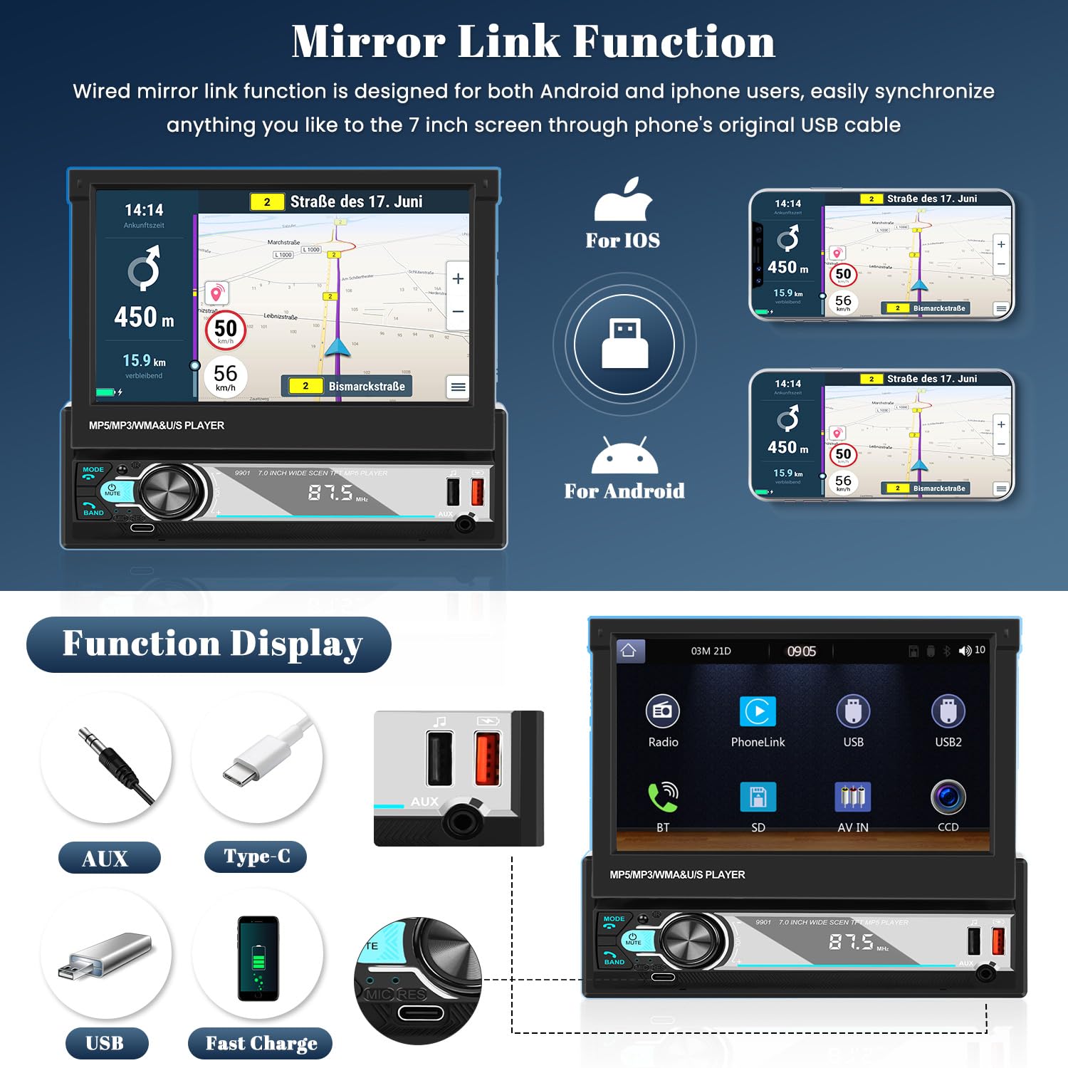 Hikity 7 Inch Wireless CarPlay & Android Auto 1 DIN Car Stereo with Retractable Touch Screen, Bluetooth Radio, EQ FM AM, AUX TF, Rear Camera - Perfect for Commuting, Road Trips & Hands-Free Driving