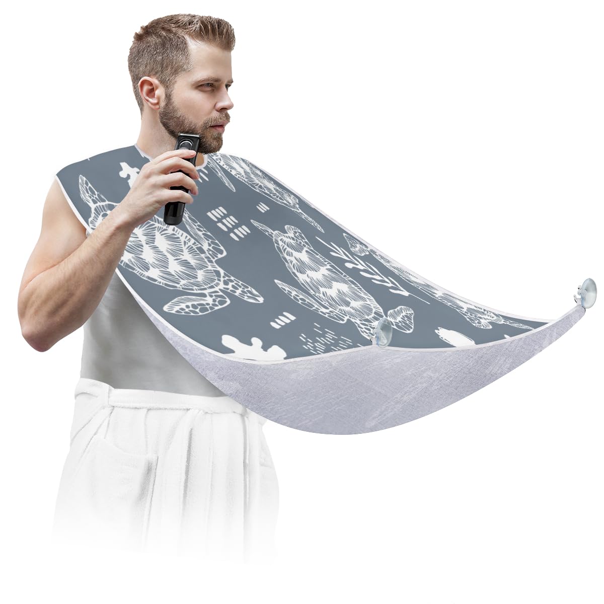 Sea Turtles Coral Seaweed Beard Bib for Men - Non-Stick Shaving Apron with Suction Cups, Hair Catcher Grooming Cape - Perfect Gift for Husband & Dad - Ideal for Barbershops, Home Grooming & Birthday Presents